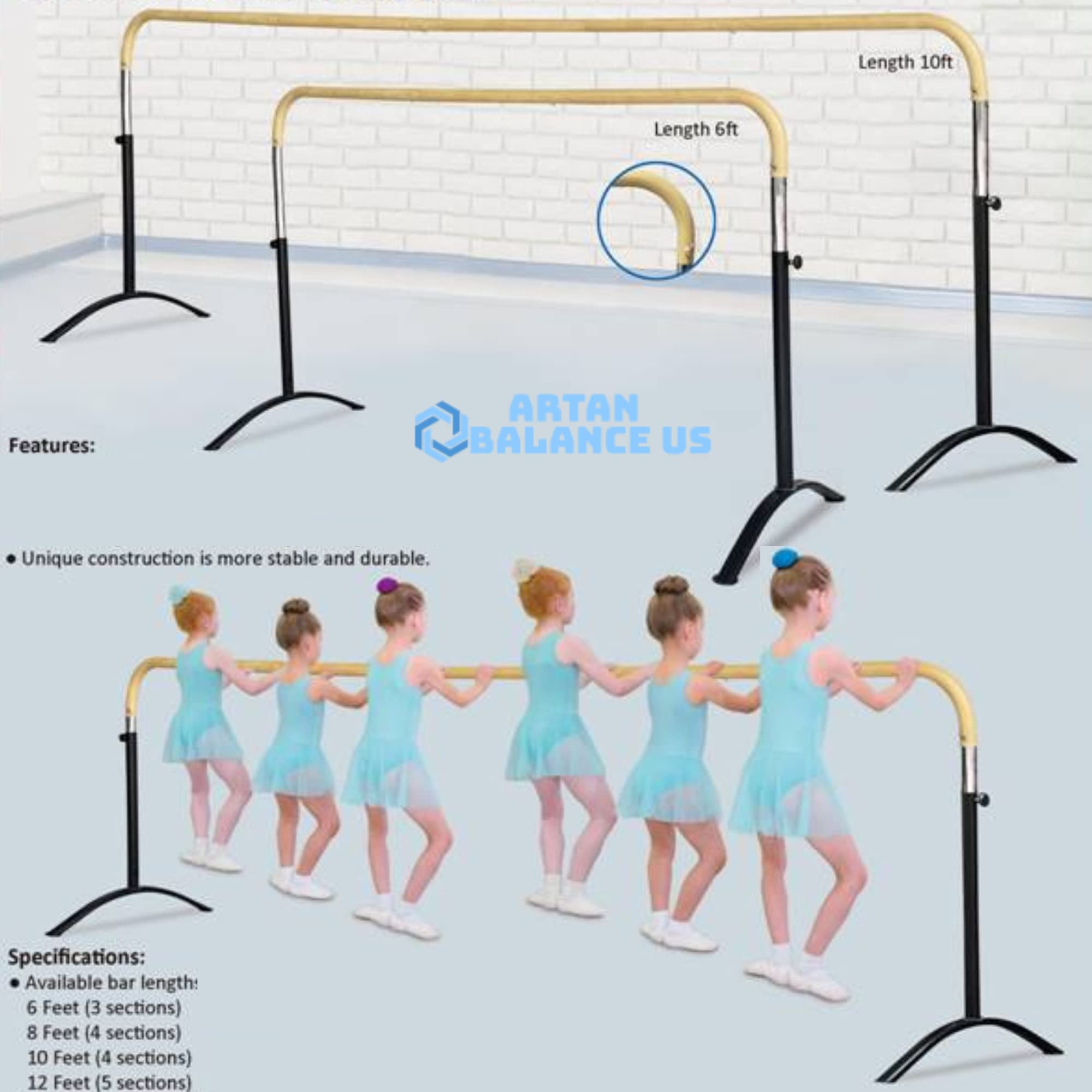 Ballet Barre Portable For Home Or Studio, 6 Ft Extendable To 12 Ft Bar With Curved Shape, Height Adjustable From 27'' To 44'', I