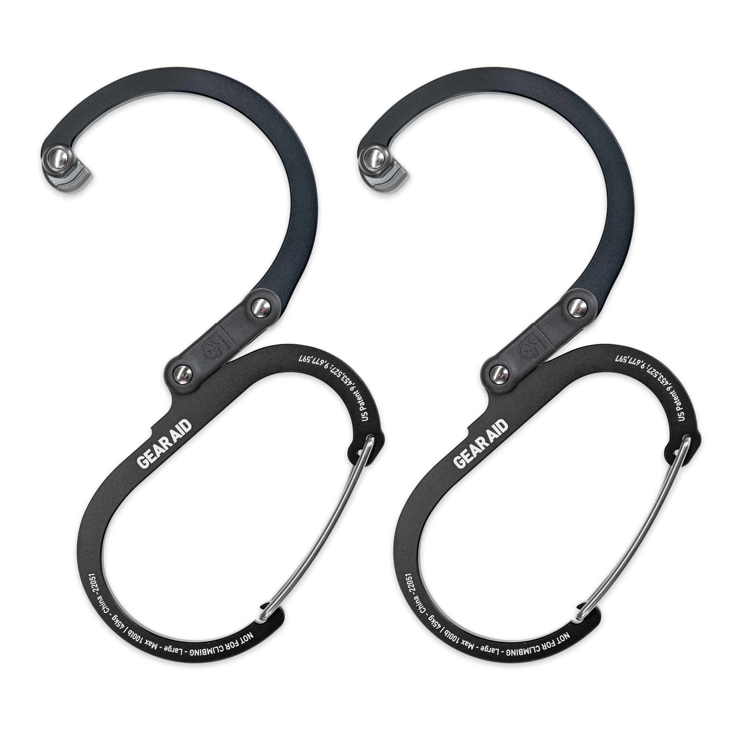 Gear Aid Heroclip Carabiner Clip And Hook (Large) For Camping, Backpack, Organization, And Garage, Stealth Black, 2 Pack