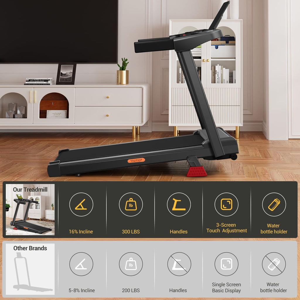 16% Incline Treadmill with Handles, 3-in-1 Portable Treadmills for Home and Office, Foldable Treadmills with 300 Lbs Weight Capa
