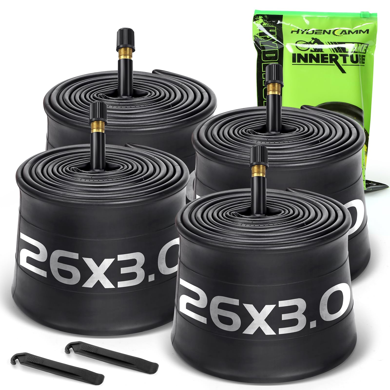 Hydencamm 4 Pack 26x3 Bike Tube, 26 X 3.0/3.50 Bicycle Tube 32mm AV Schrader Valve with 2 Tire Levers, Butyl 26x3 Bike Tire Tube