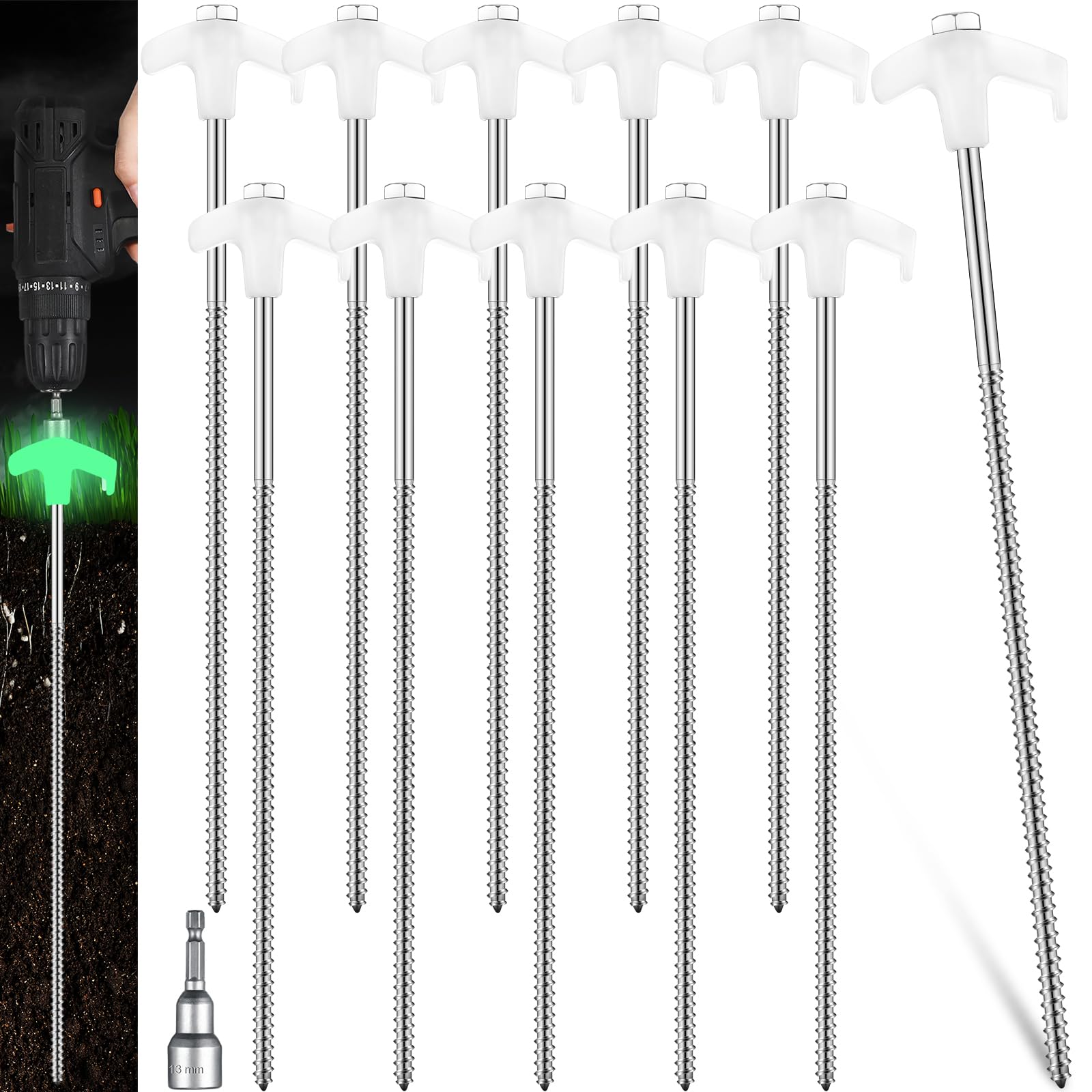 Hicarer 10 Pcs 12 Inch Tent Stakes Screw in Camping Stakes Heavy Duty Metal Spikes Ground Anchor Peg Threaded Tent Spikes with H