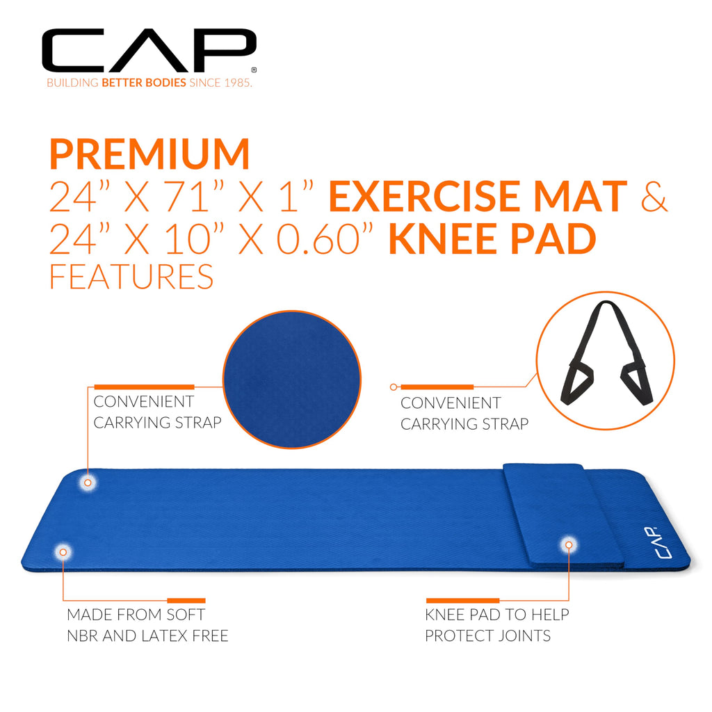 Cap High Density Exercise Yoga Mat With Strap And Knee Pad 71''X24''X1/2'' Blue