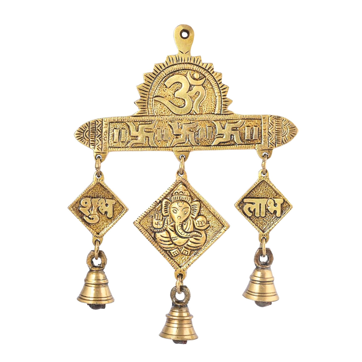 Jaszz Art Brass Om Swastic Shubh Labh Hanging Bells | Traditional Decorative Metal Bell For Home, Temple, Pooja Room & Wall Deco