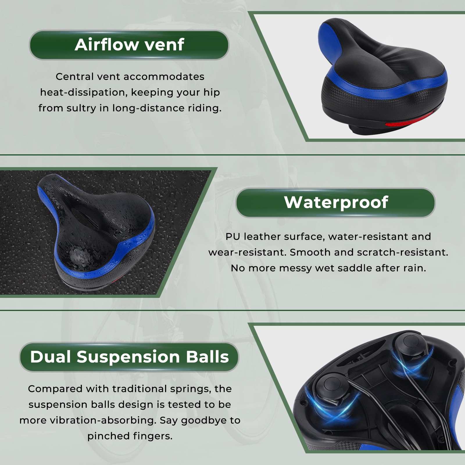 Tonbux Comfortable Bicycle Seat, Bike Seat Replacement With Dual Shock Absorbing Ball Wide Bike Seat Memory Foam Bicycle Seat Wi