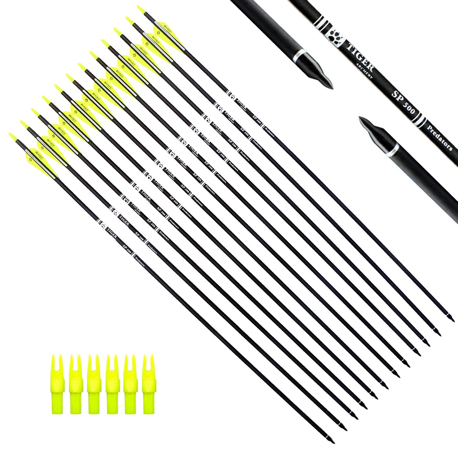 Tiger Archery 30Inch Carbon Arrow Practice Hunting Arrows With Removable Tips For Compound & Recurve Bow(Pack Of 12) (Yellow Whi