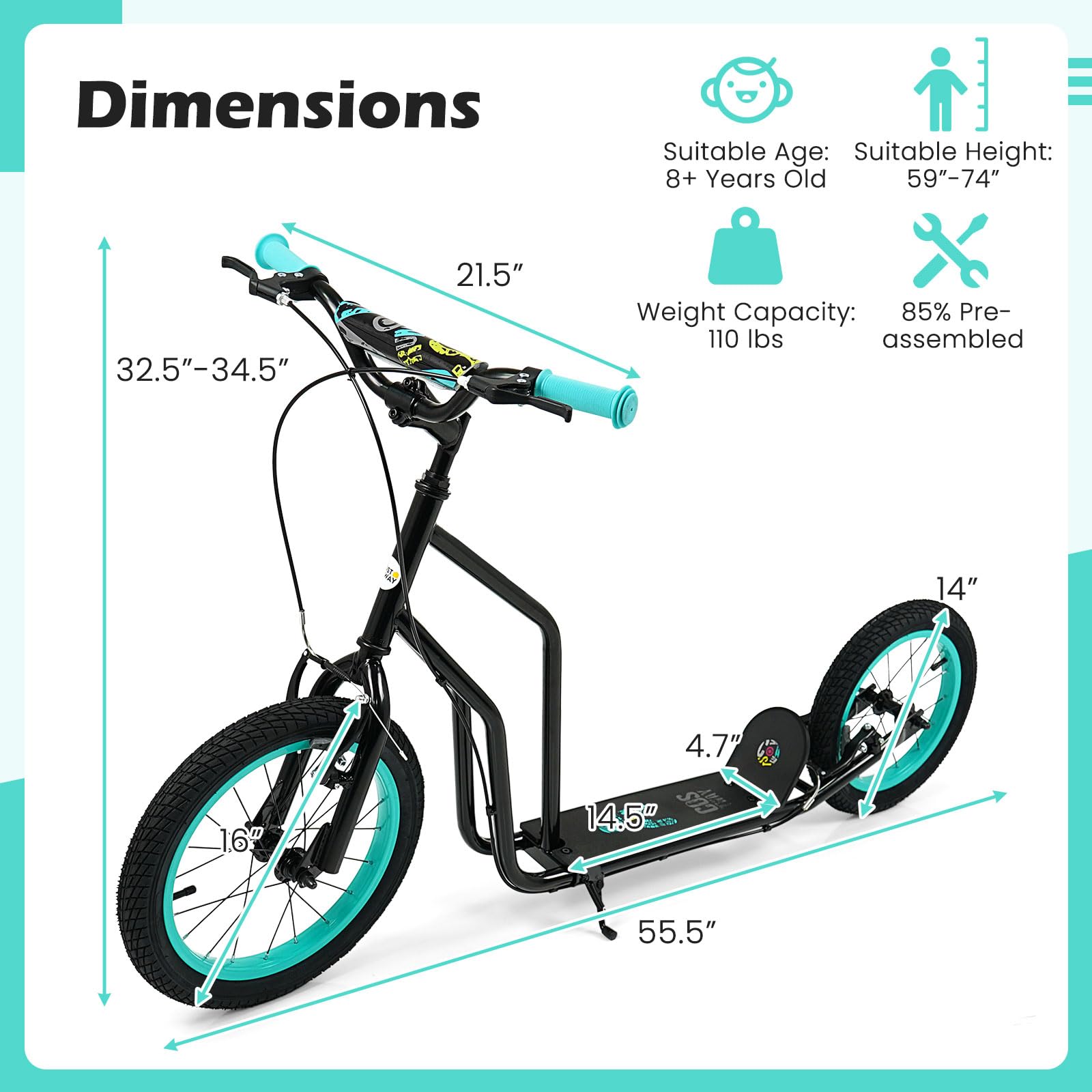 GYMAX Youth Scooter, Height Adjustable Kick Scooters with Extra Large Inflatable 16    Front & 14    Rear Wheels, Dual Hand Brak