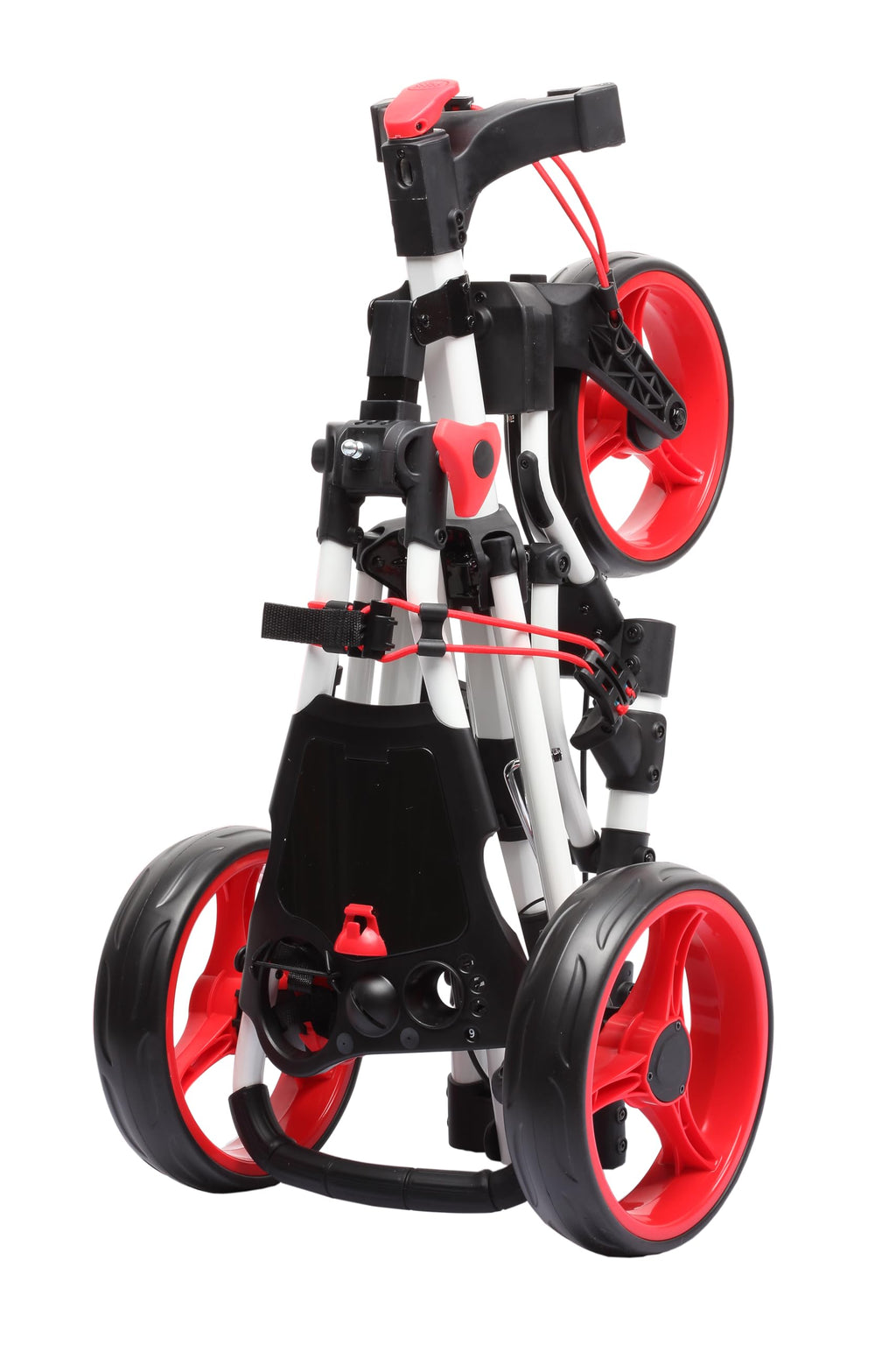 Qwik-Fold 360 Swivel 3 Wheel Push Pull Golf Cart - 360* Rotating Front Wheel - One Second To Open & Close! (White/Red)