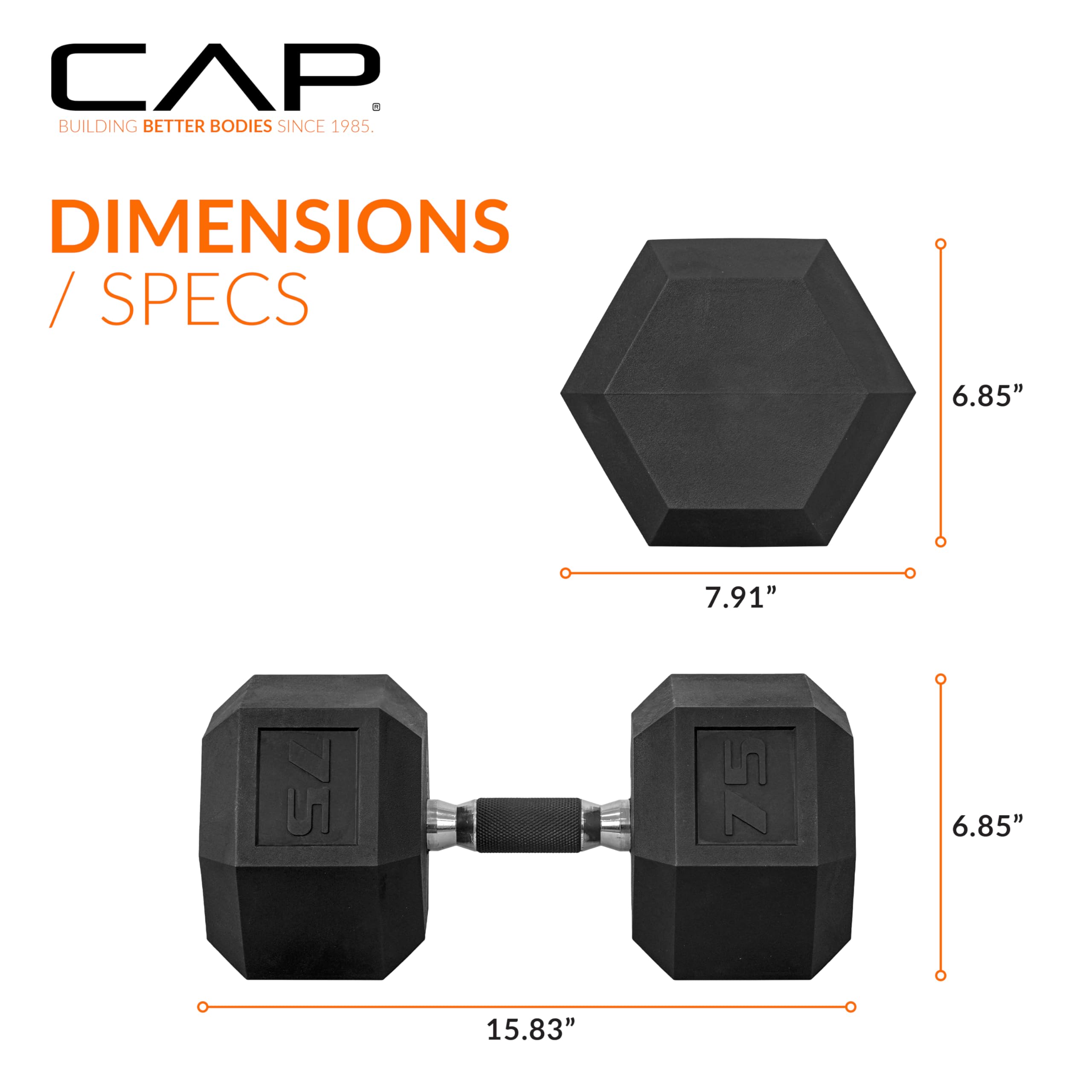 CAP Barbell 75 LB Rubber Coated Hex Dumbbell Hand Weight with Padded Grip - Pair | Comfort Grip