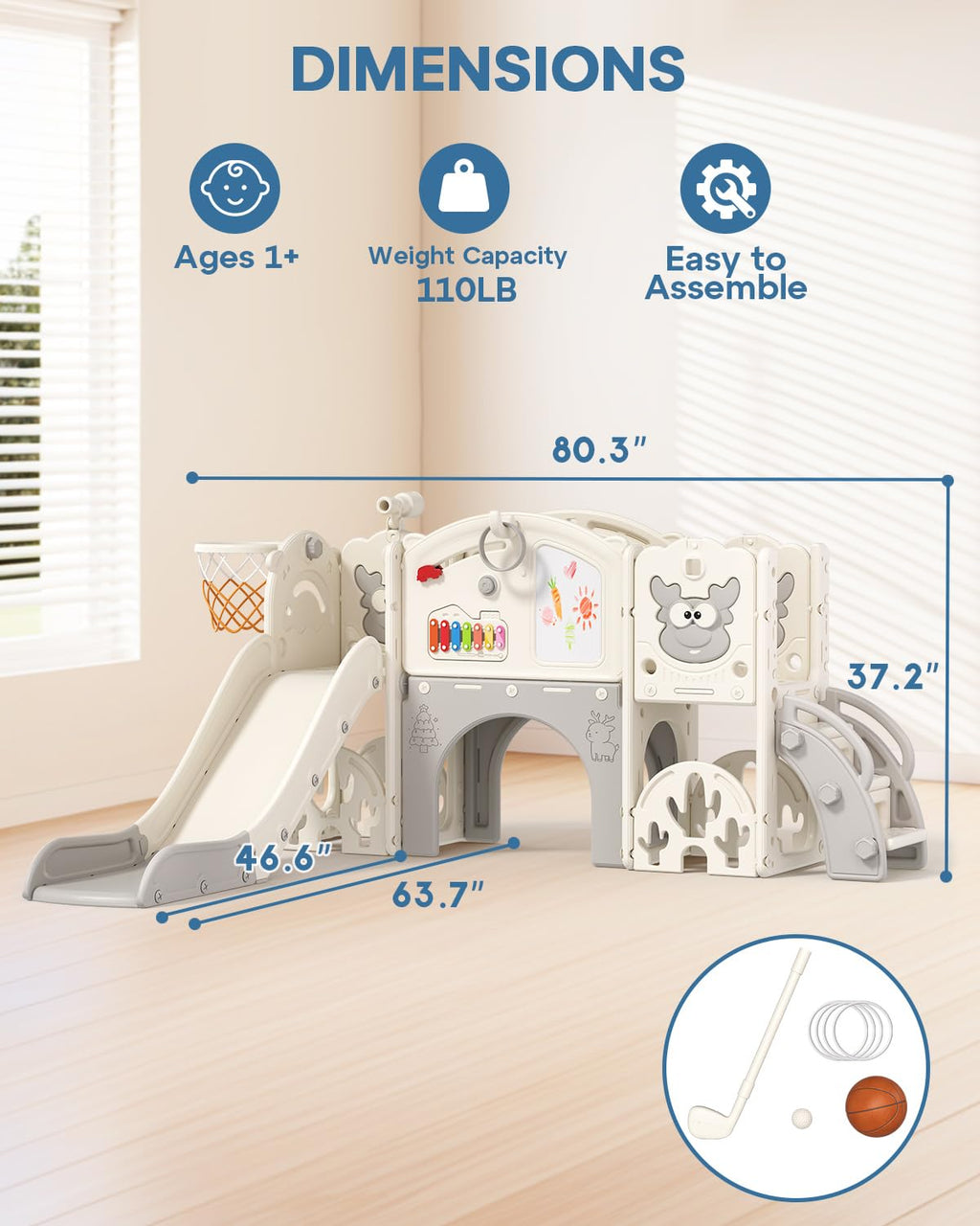 BIERUM Toddler Slide Set with Basketball Hoop, Golf Game & Drawing Board, 13-in-1 Indoor Outdoor Toddler Slides Playground for K