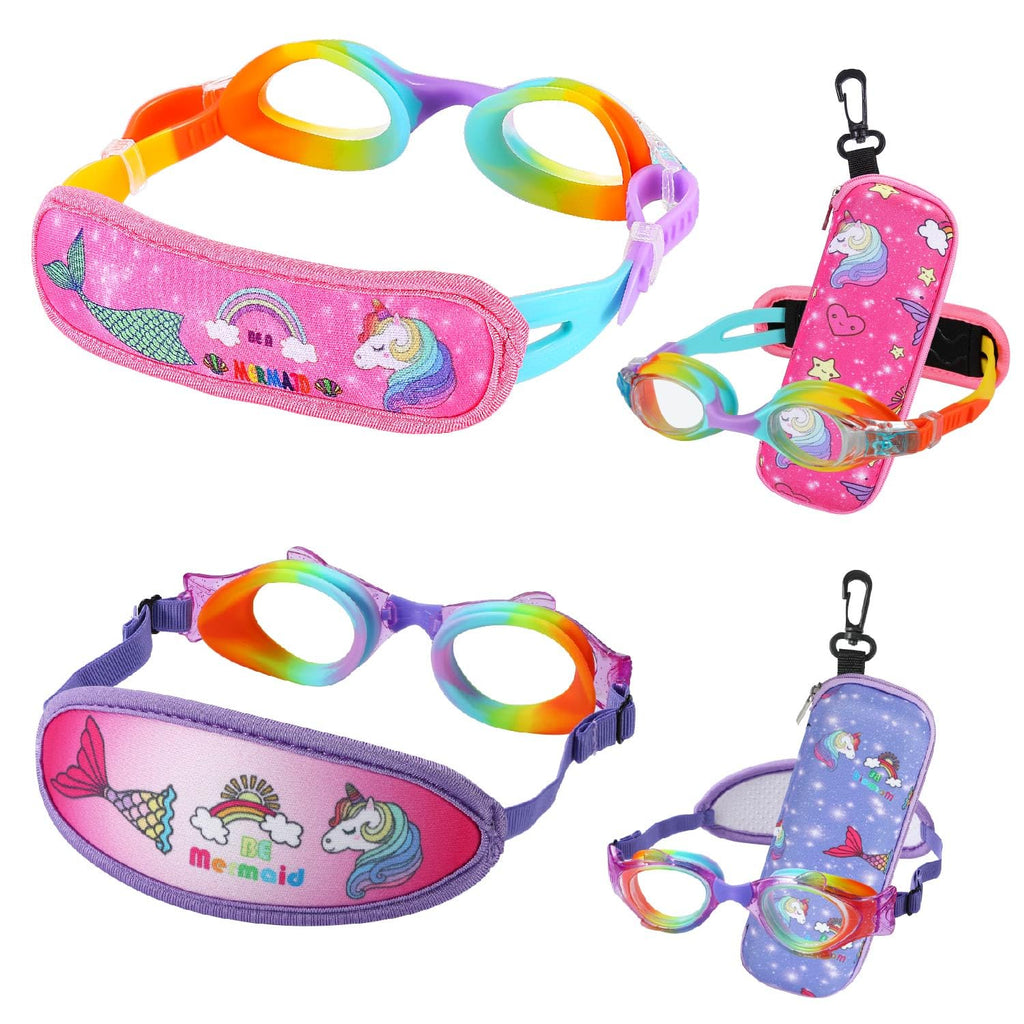 Ruigao Kids Swim Goggles Age 2-6, Toddler Goggles No Hair Pull,Child Goggles Padded Headband (2Pk - Rainbow)