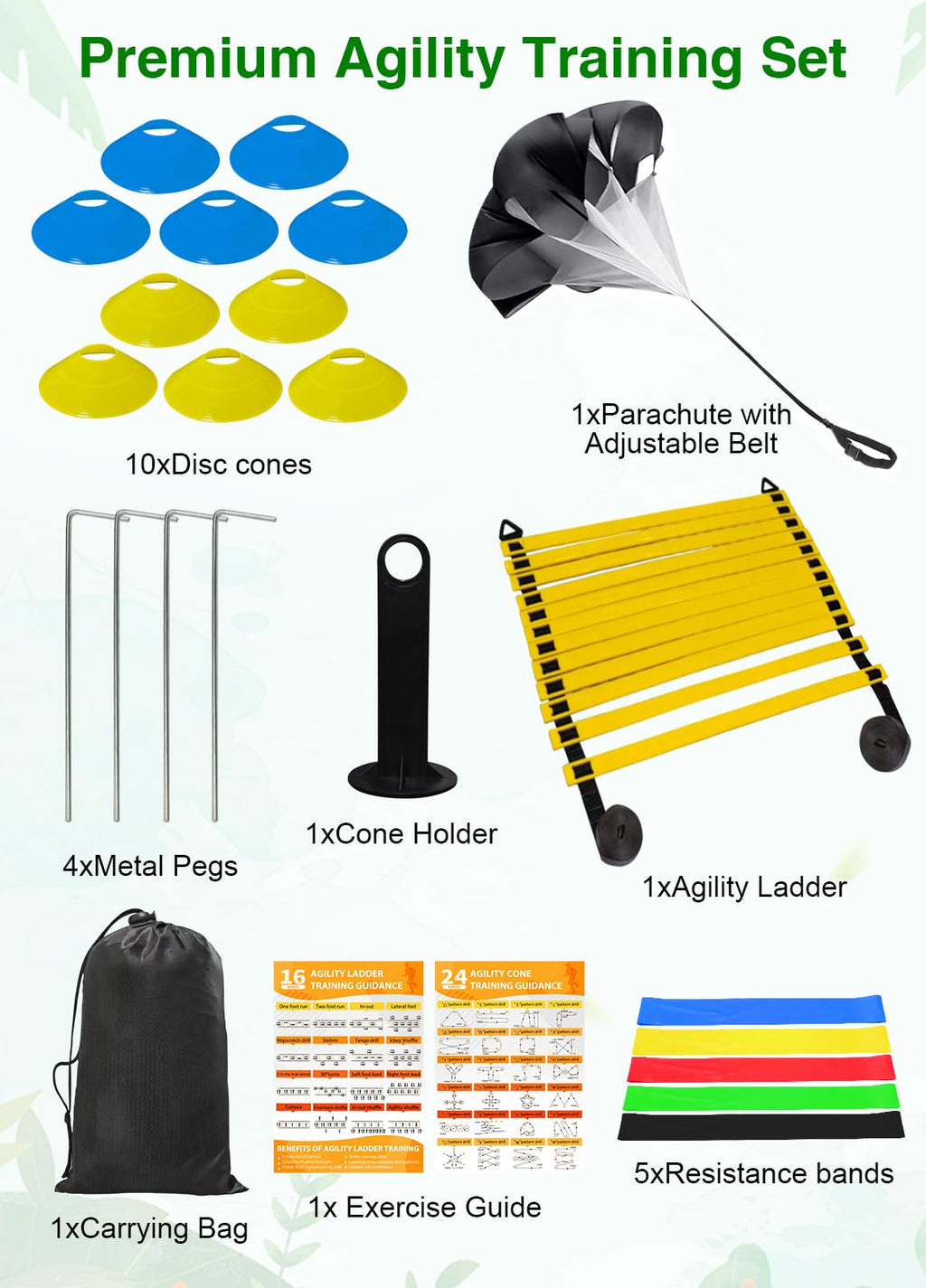 Panykoo Speed Agility Training Equipment Set - 20Ft Agility Ladder, 10 Disc Cones, Resistance Parachute, 5 Resistance Bands & Ca