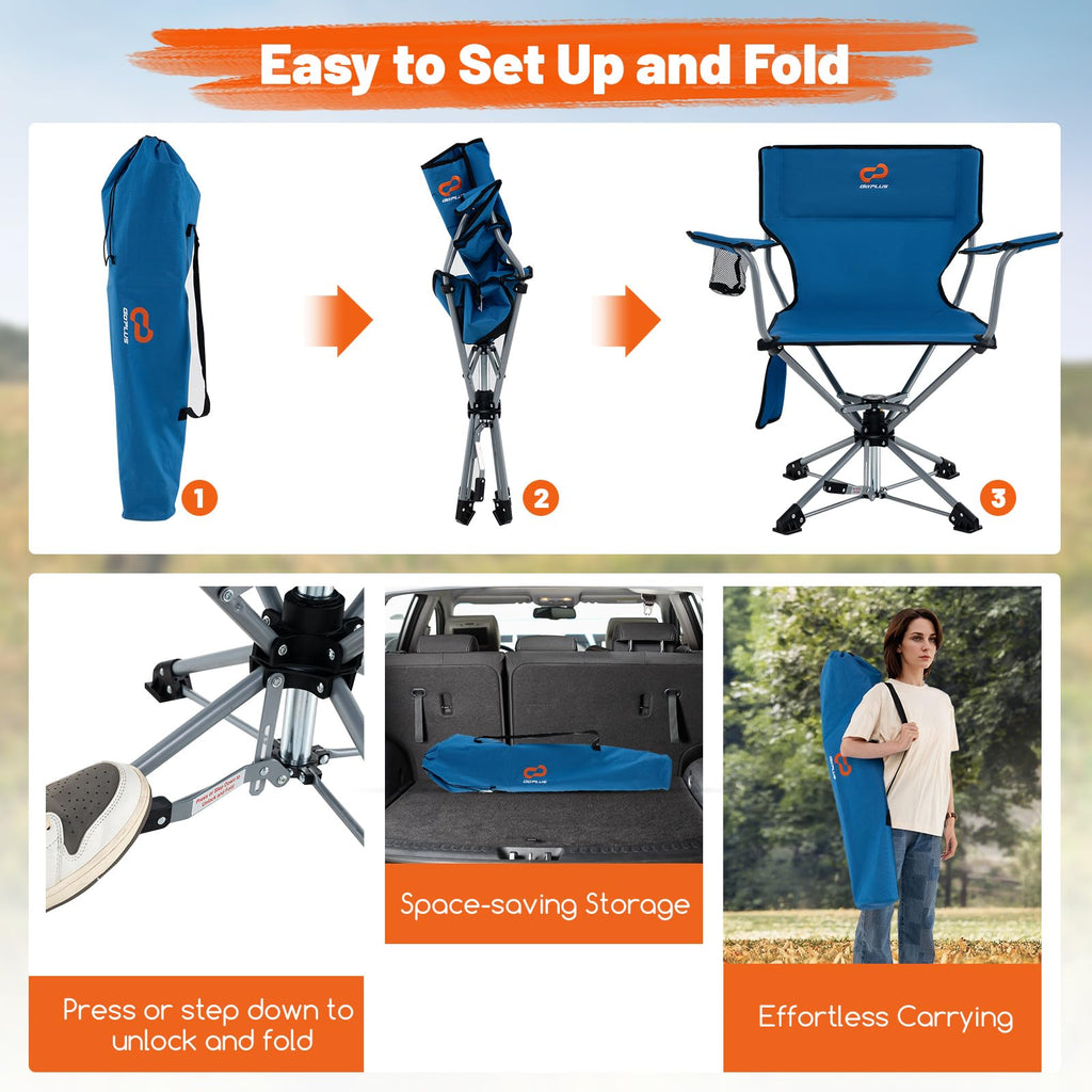 Goplus Swivel Camping Chair, Portable Lawn Chair For Adults W/Cup Holder & Carrying Bag, Folding 360-Degree Free Rotation Chair