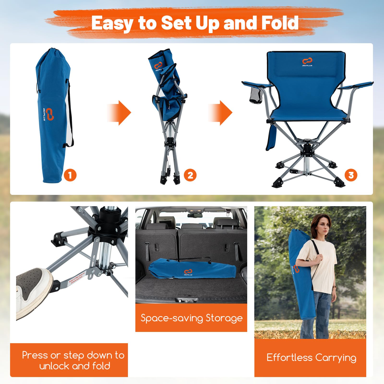 Goplus Swivel Camping Chair, Portable Lawn Chair For Adults W/Cup Holder & Carrying Bag, Folding 360-Degree Free Rotation Chair