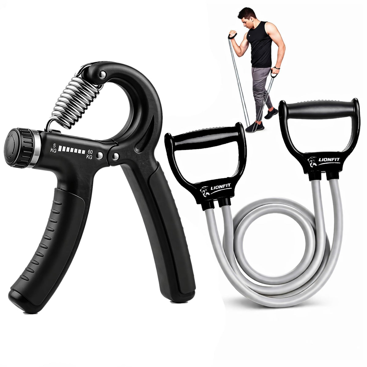 Lionfit Adjustable Hand Grip Strengthener With Resistance Tube Combo Home Gym Workout Set For Man And Women (Adjustable 560 Kg