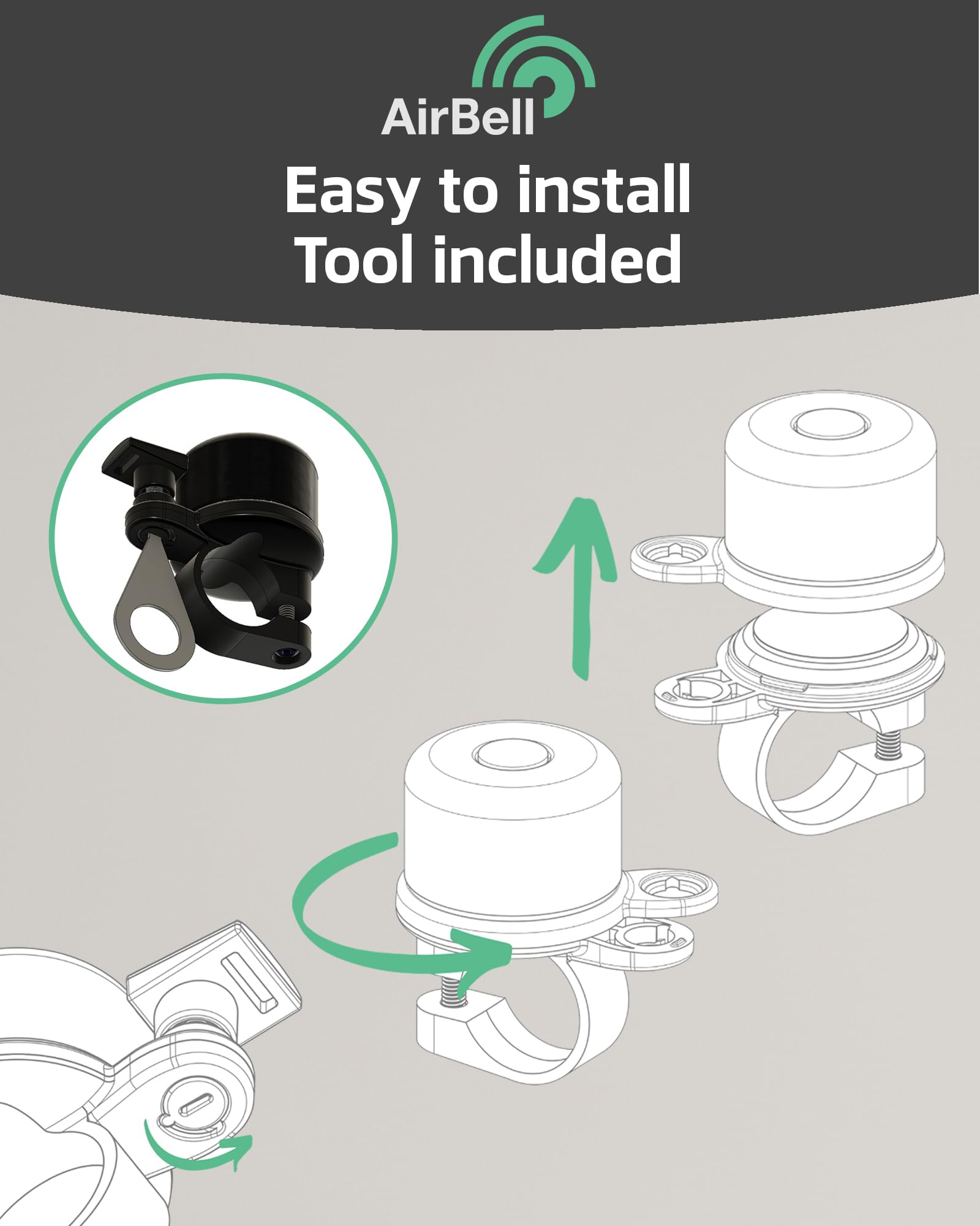 Airbell Bicycle Bell For Apple Airtag 31.8 Mm Diameter - Hidden Mount In Bell - Bicycle Anti-Theft - Includes Tools