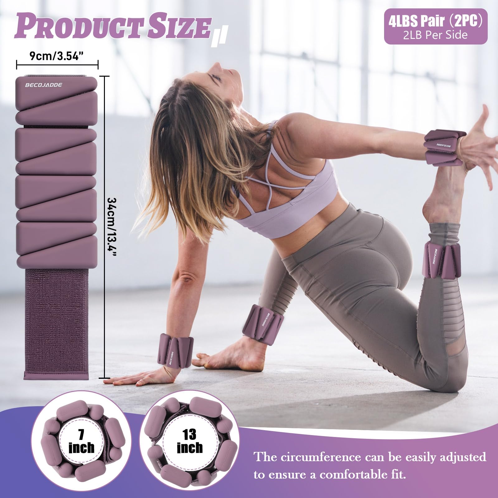 BECOJADDE Ankle Weights Set of 2 (2 lb Each) Adjustable Wrist Weights for Women Men Wearable Arm Leg Weight for Pilates, Running