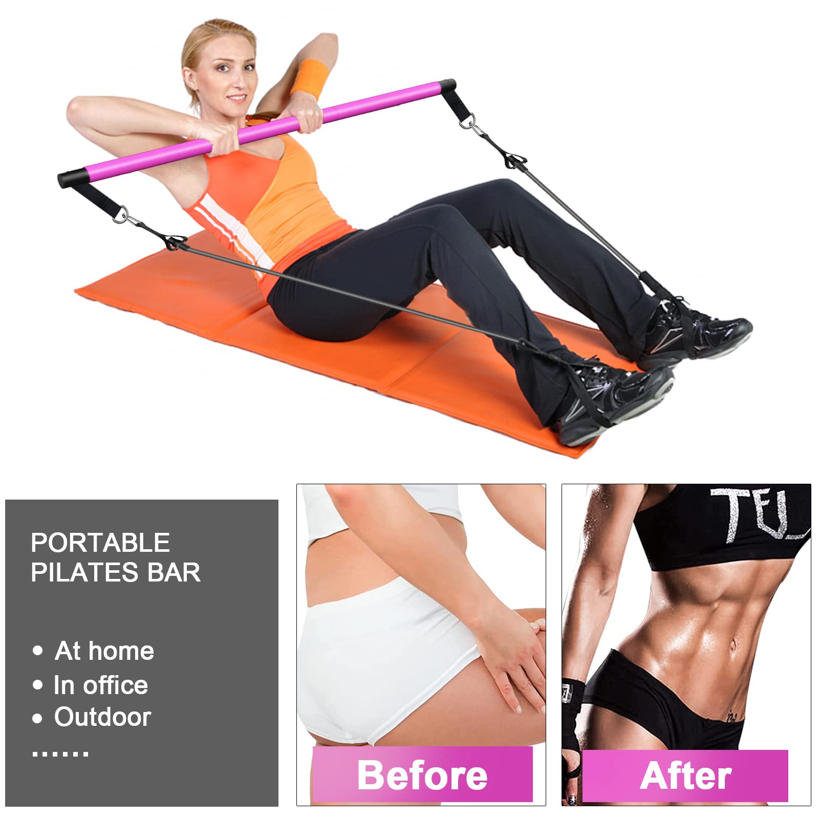 Pilates Bar Kit With 4 X Resistance Bands,3-Section Pilates Bar With Stackable Bands Workout Equipment For Legs,Hip,Waist And Ar