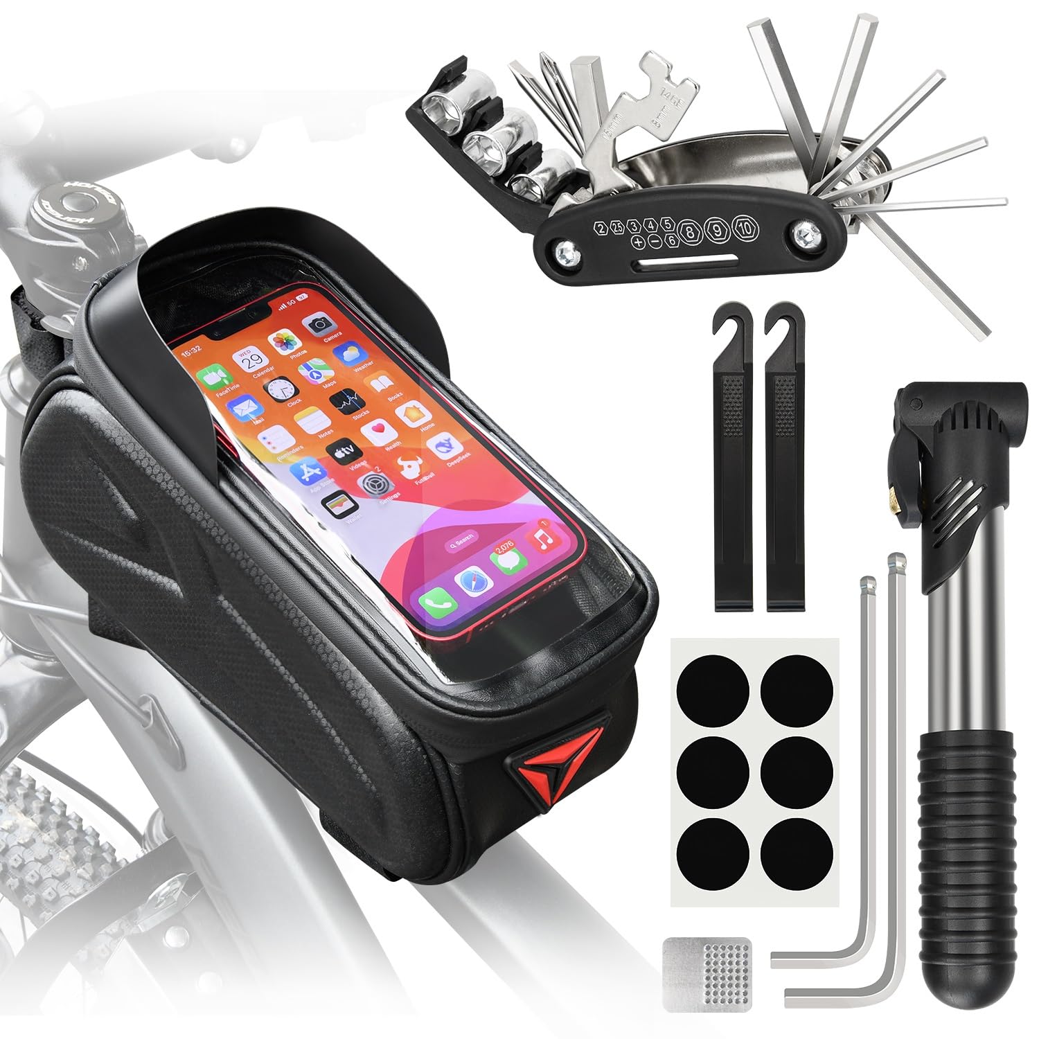 PXZBLG Bike Repair Kit, Bike Frame Bag with 1.6L Capacity, Waterproof Tube Bag Compatible Phone Under 7   , 16-in-1 Bike Multito