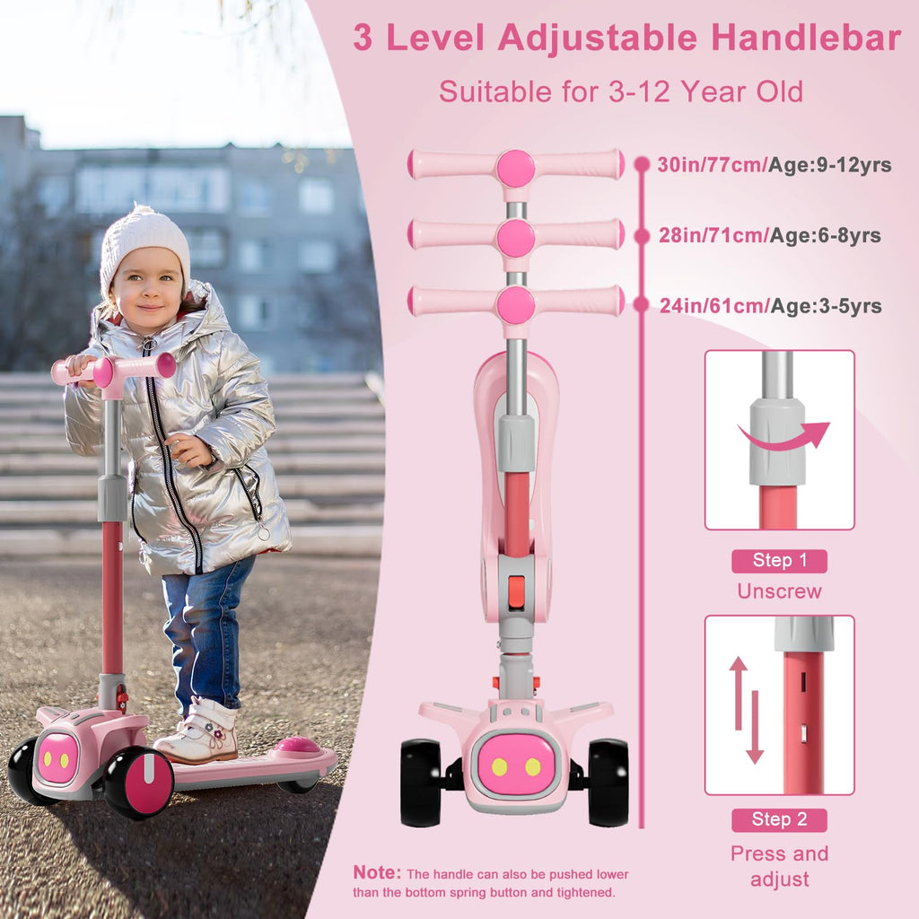 3 Wheel Scooter for Kids - Foldable & Unbreakable, 2-in-1 Kick Scooter with Music and Lights, Adjustable Height, Wide Deck, Flas