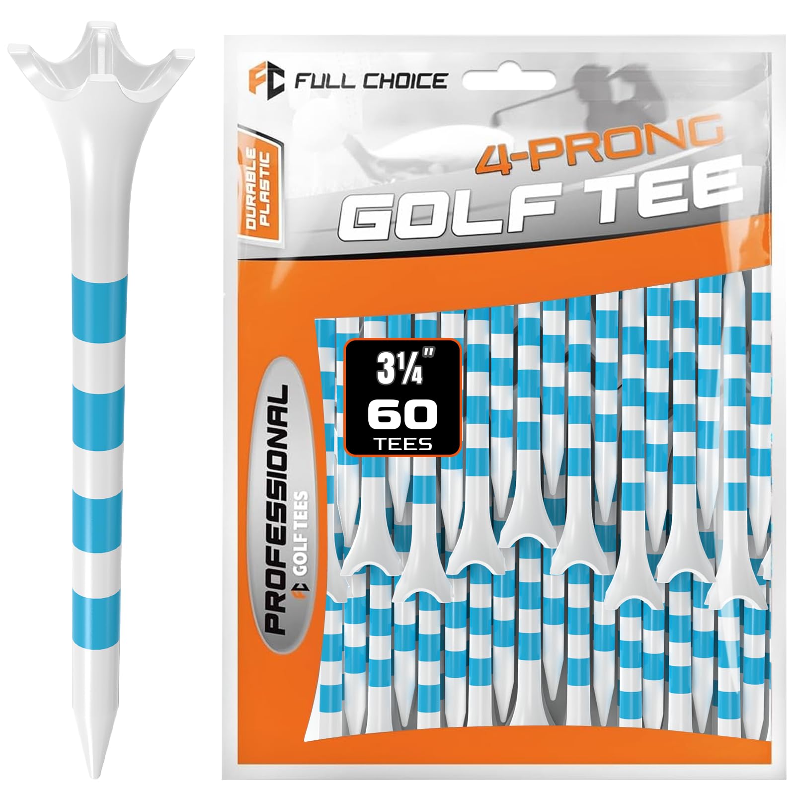 Full Choice 60 Pack Plastic Golf Tees 3-1/4 - Low Resistance Design to Reduce Friction & Boost Distance, White with Blue Stripes