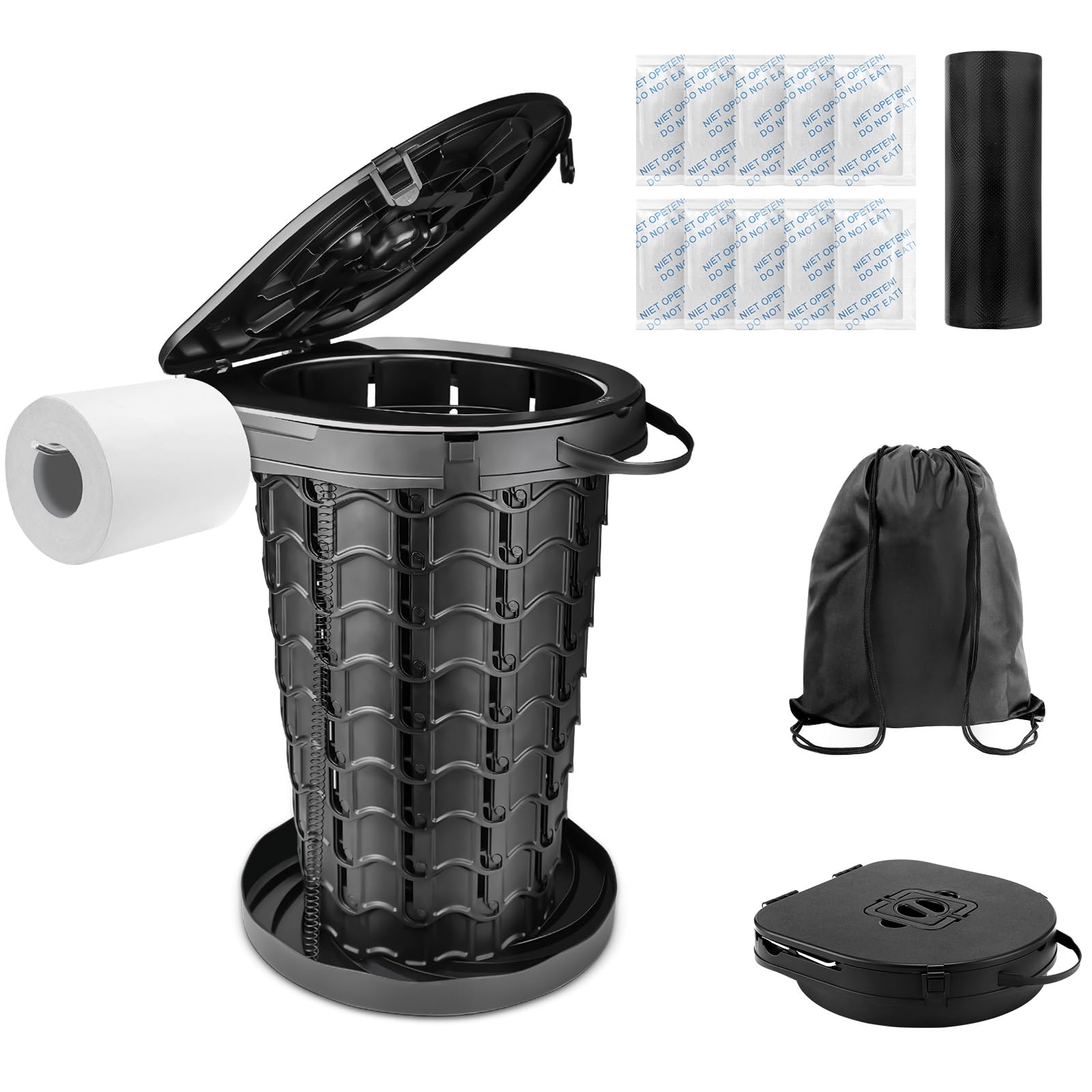 Upgrade Retractable Portable Toilet For Adults - 18.6H Adjustable Height Camping Tall Toilet, Xl Travel Folding Toilet With Lid