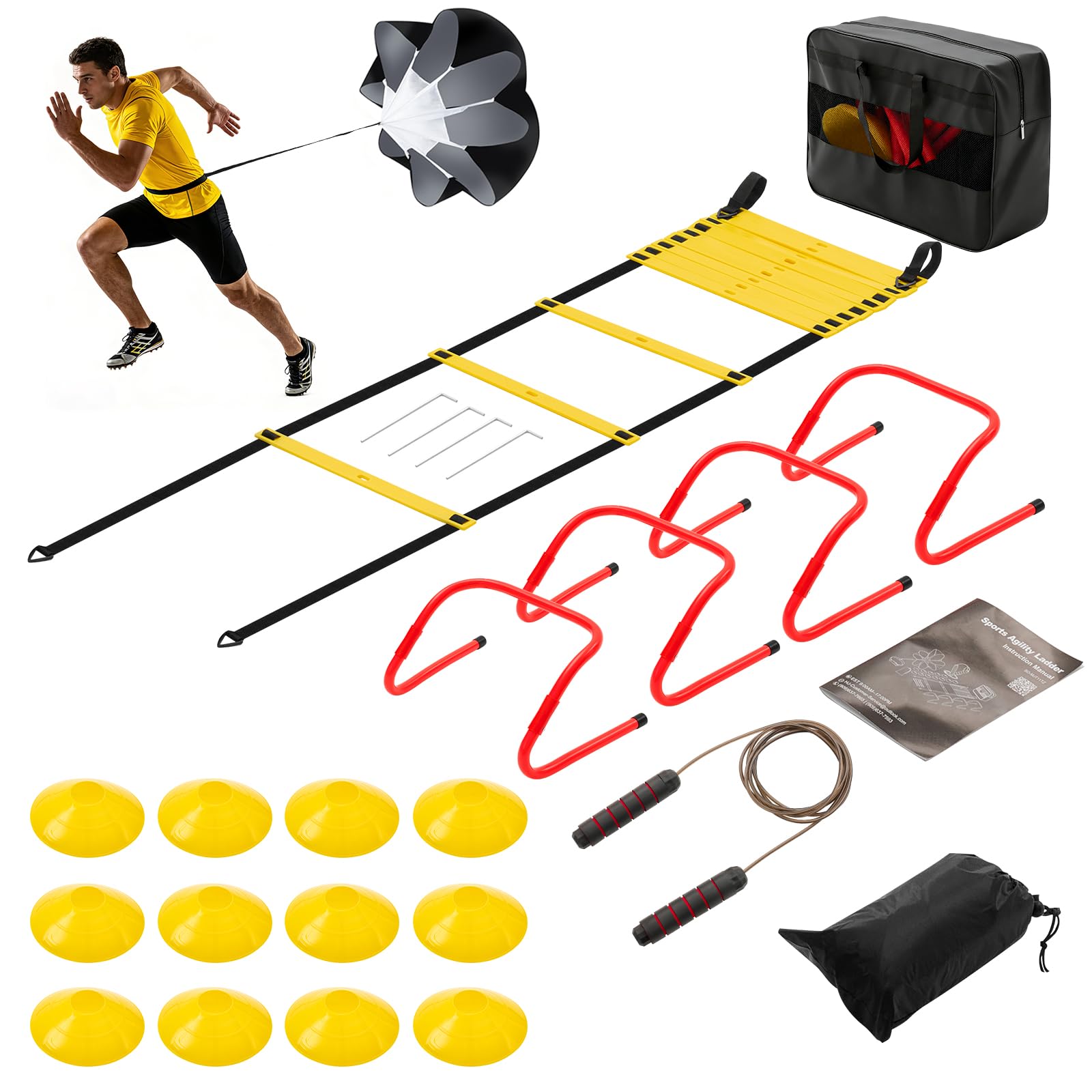 OLIXIS Agility Speed Training Equipment, 20 ft Speed Ladder, 12 Soccer Cones, 4 Agility Hurdles, Jump Rope, Resistance Parachute
