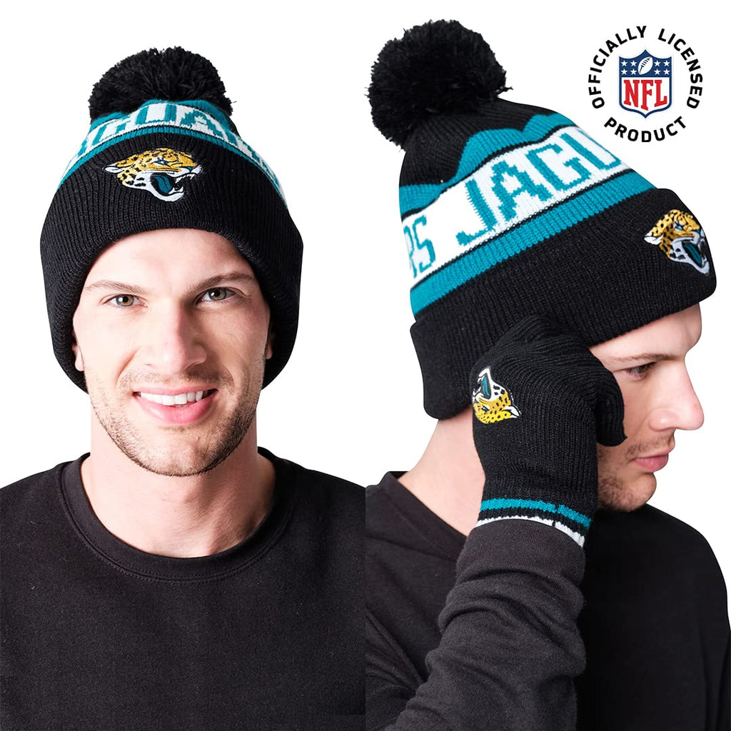 Ultra Game Nfl Mens Womens Super Soft Winter Beanie Knit Hat With Extra Warm Touch Screen Gloves, Jacksonville Jaguars, Team Col