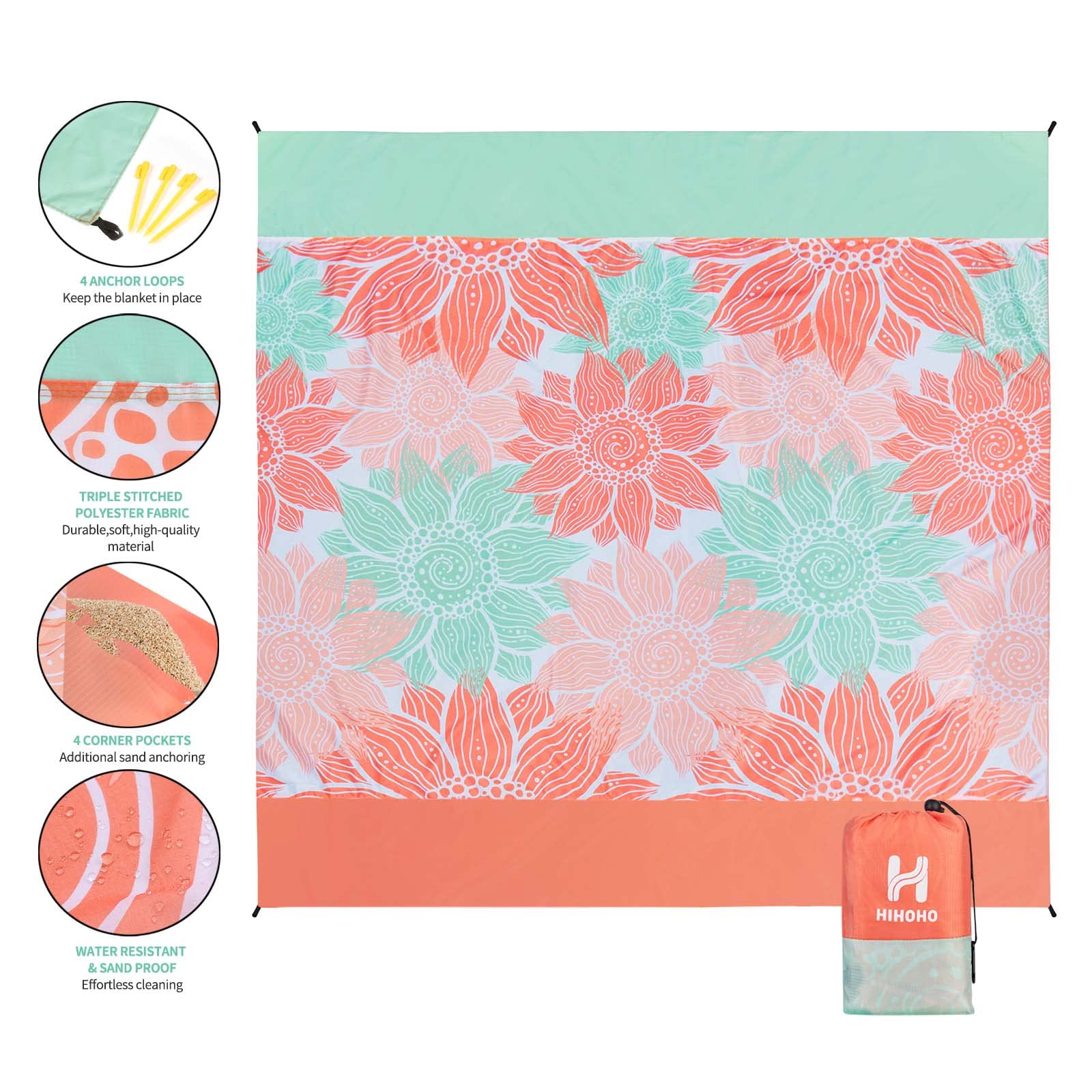 Hihoho Beach Blanket, Sandproof Beach Mat 79'' X 83'' For 1-3 Adults Waterproof Quick Drying Outdoor Picnic Mat With Pocket For