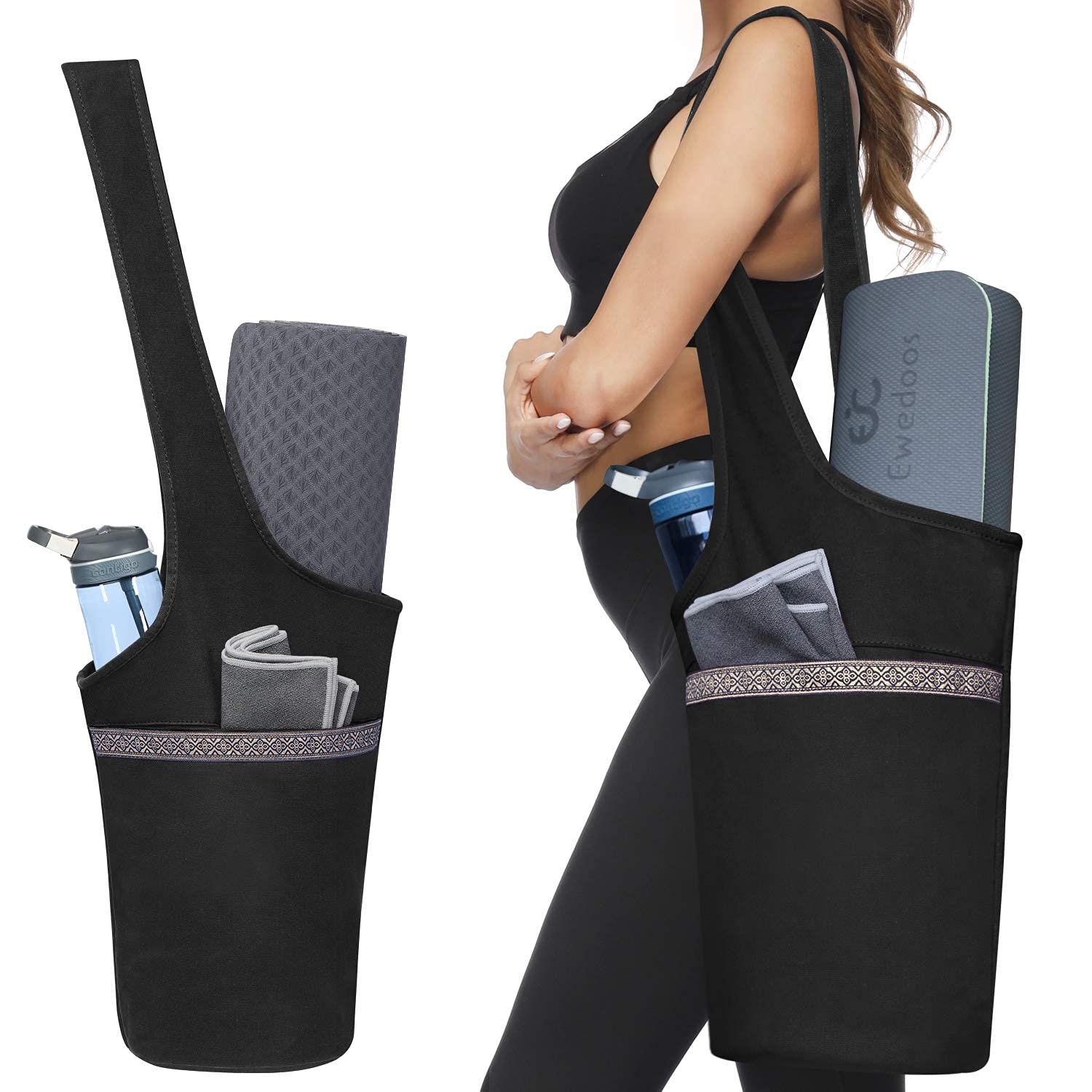 Ewedoos Yoga Mat Bag With Large Size Pocket And Zipper Pocket, Fit Most Size Mats (Black)
