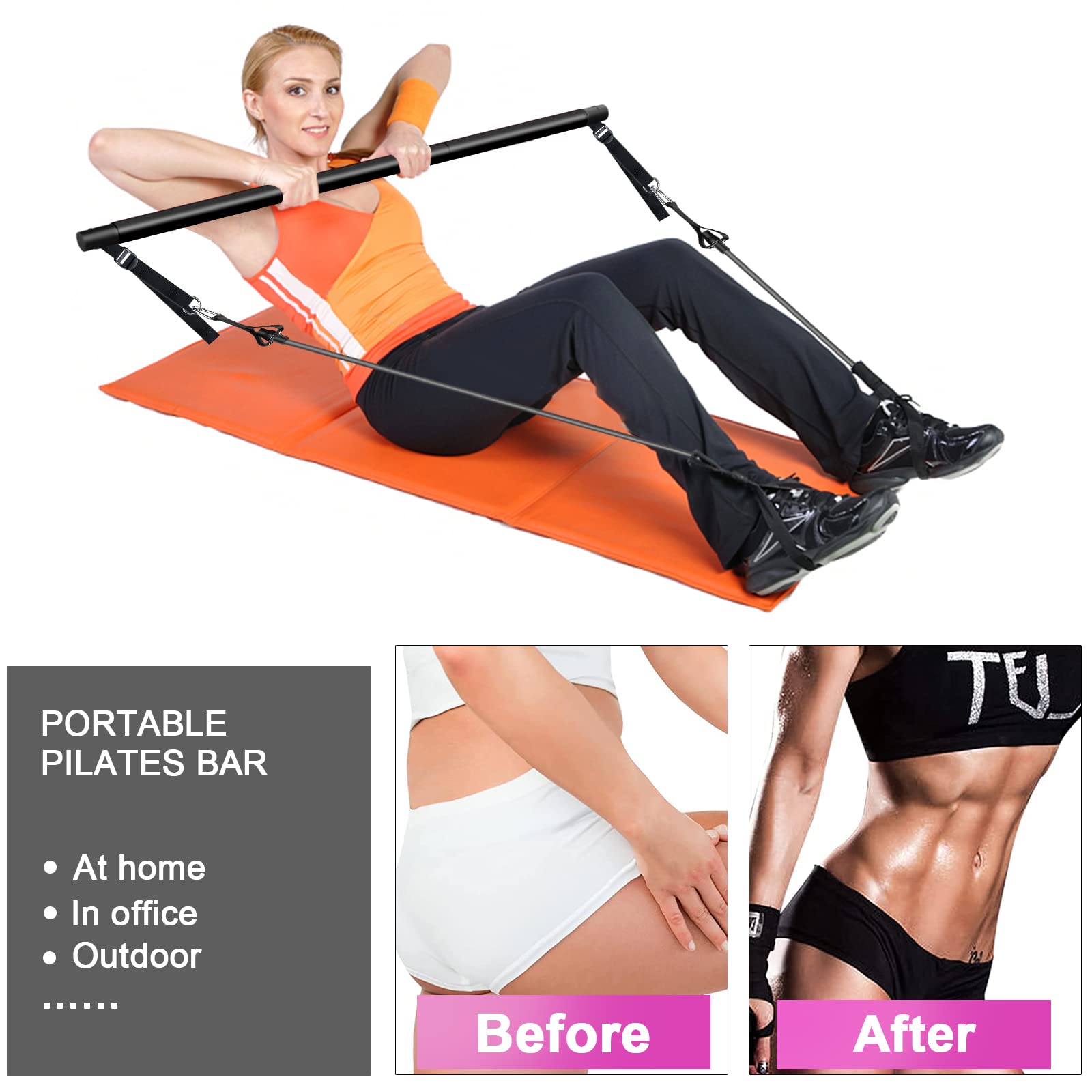 Pilates Bar Kit with Resistance Bands, Adjustable 3-Section Pilates Bar with Stackable Bands Workout Equipment for Legs,Hip,Wais