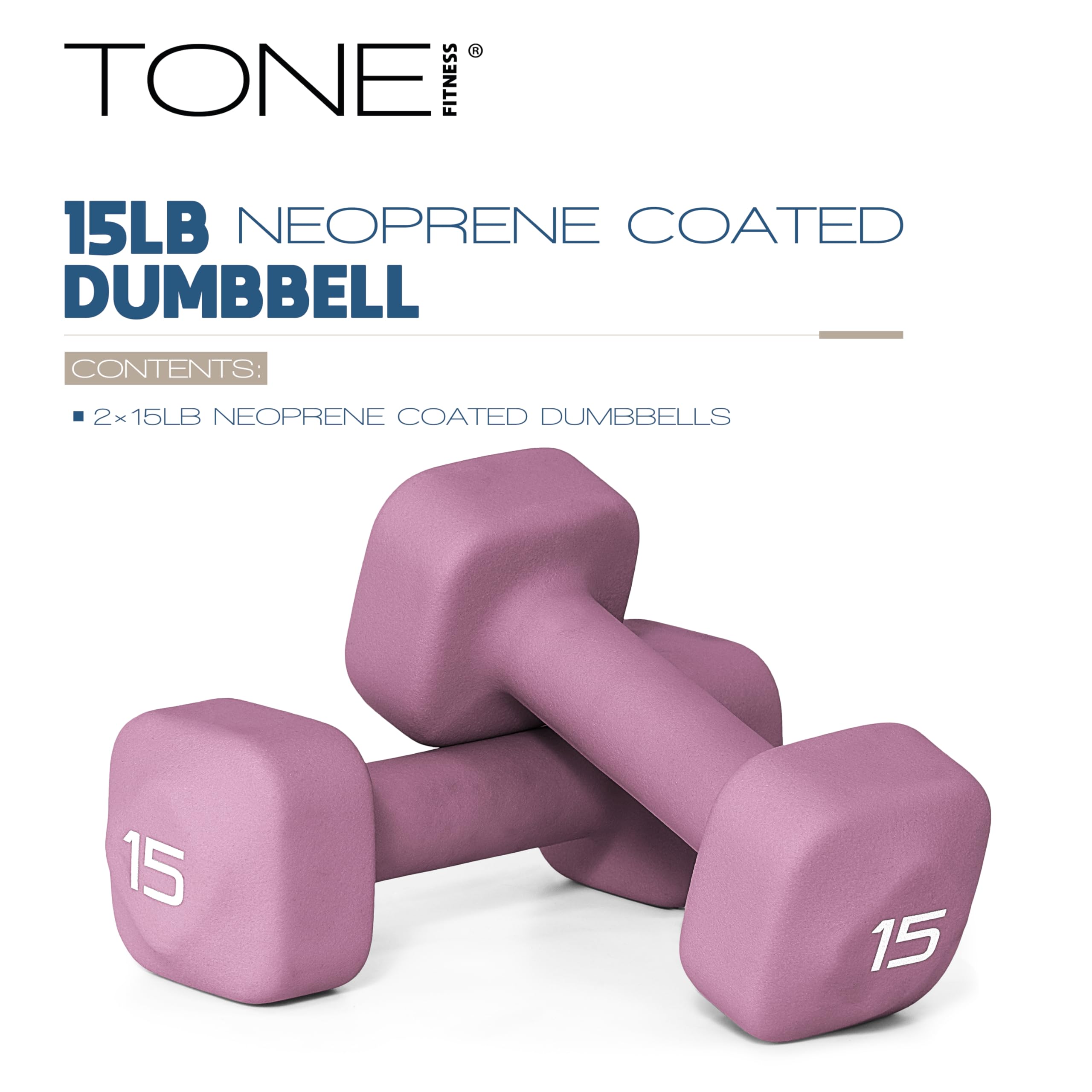 Tone Fitness 15 lb Neoprene Dumbbell Pair for Home Workouts - Non-Slip Design - Purple