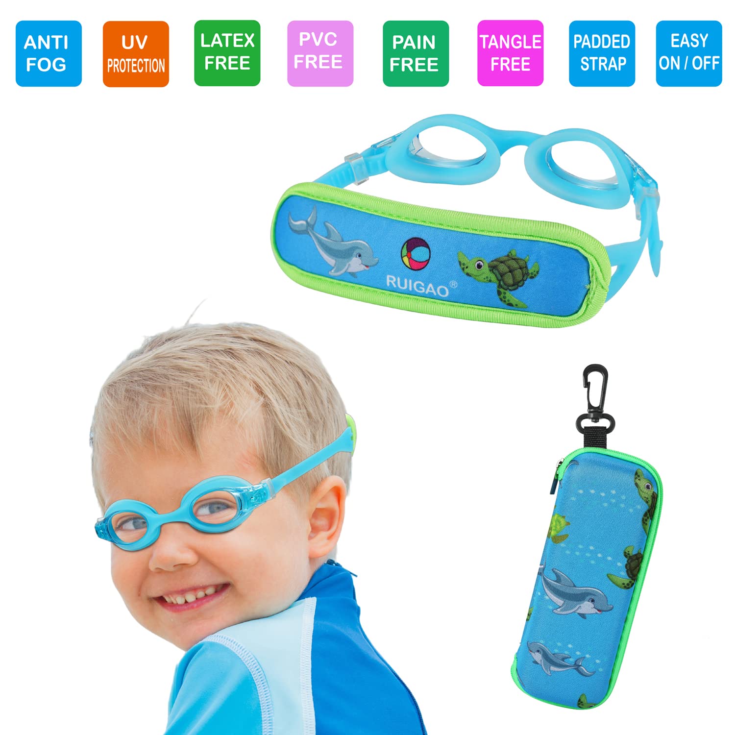 Ruigao Kids Swim Goggles Age 2-6, Toddler Goggles No Hair Pull,Child Goggles Padded Headband (1Pk Toddler - Turtle & Dolphin)