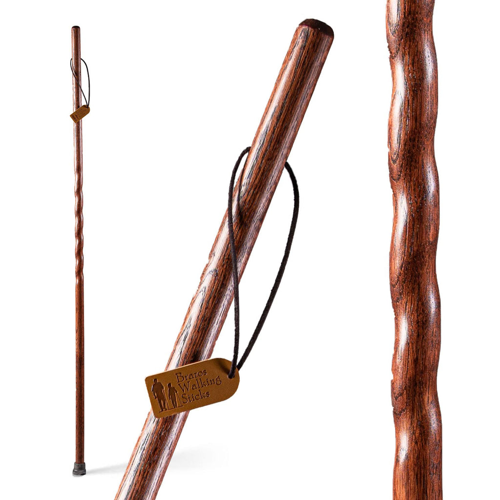 Brazos Handcrafted Wood Walking Stick, Twisted Oak, Trekker Style Handle, For Men & Women, Made In The Usa, Red, 48''