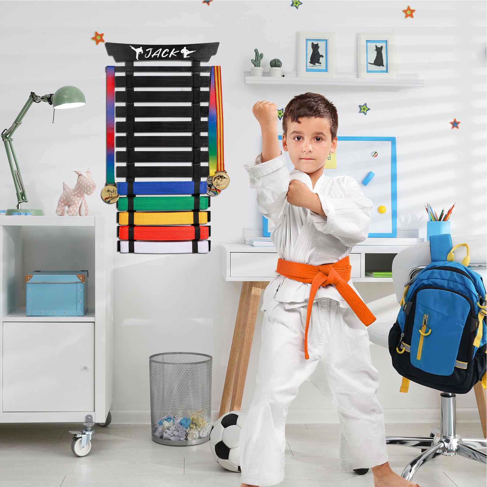Winartton 12 Belts Karate Belt Display Rack With Stickers, Martial Arts Belt Display Holder, Taekwondo Belt Jiu Jitsu Belt Bjj B