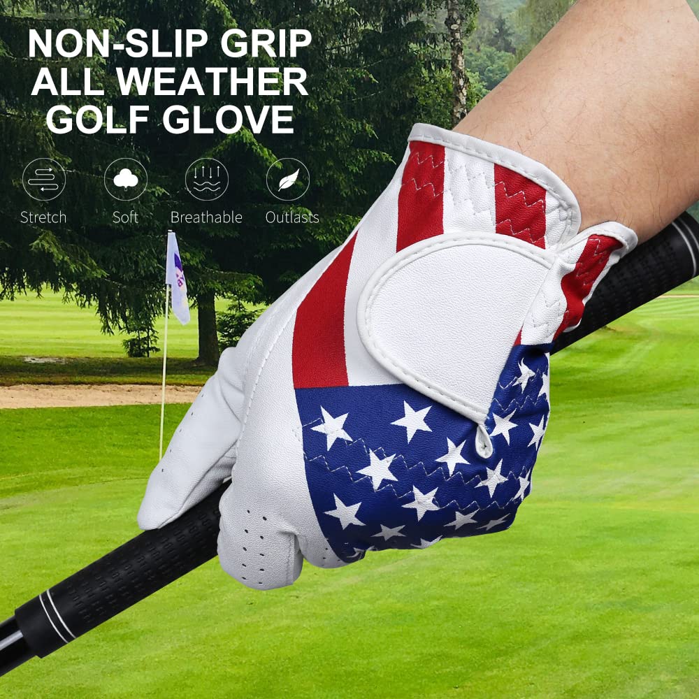 Golters Golf Gloves For Men And Women Left Hand For Right Handed Golfer The American Flag Pattern Synthetic Leather Lycra Fiber