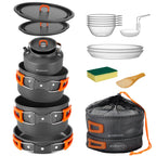 Odoland 15Pcs Camping Cookware Non-Stick Lightweight Camping Pots And Pans Set With Kettle Plastic Plates Bowls Soup Spoon For C