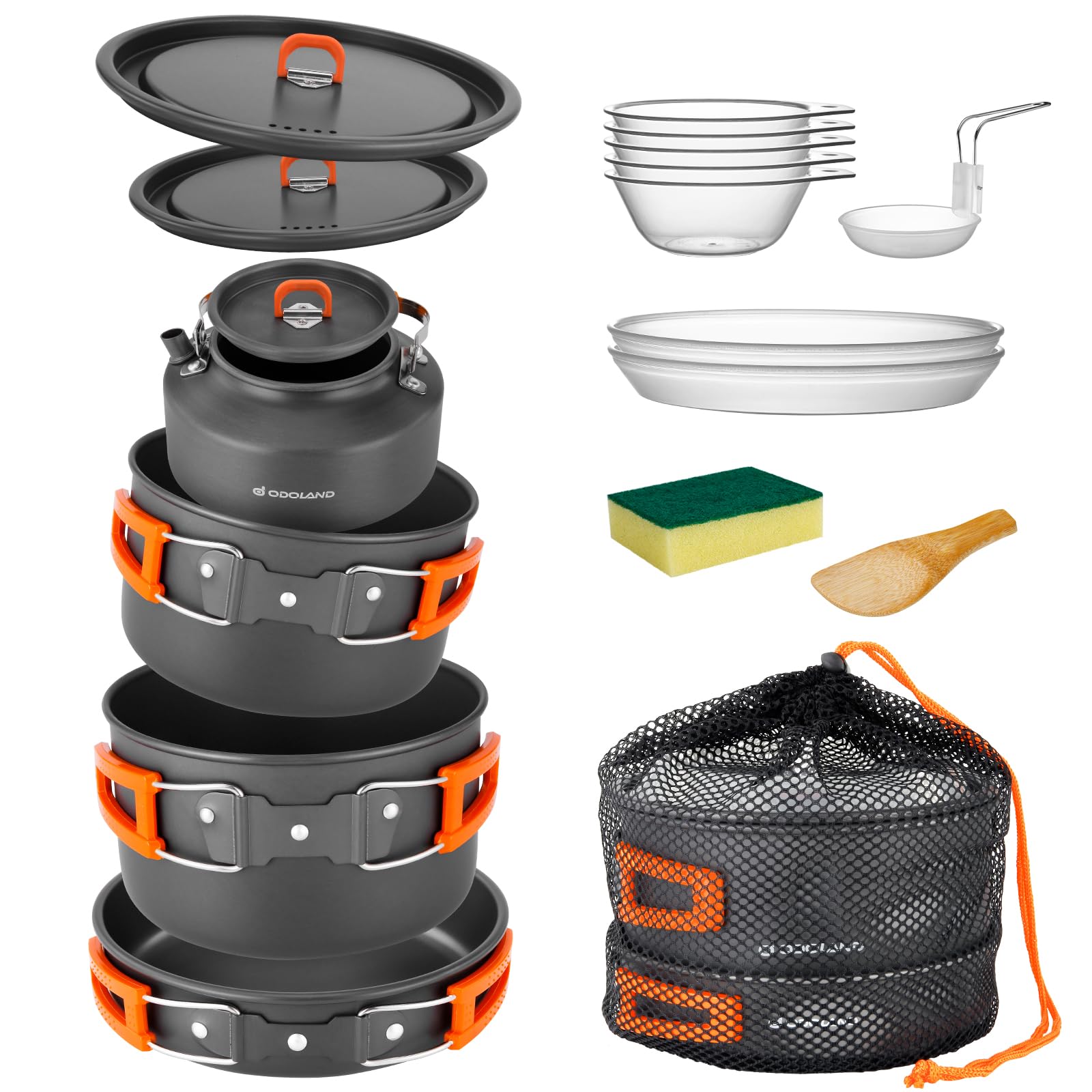 Odoland 15Pcs Camping Cookware Non-Stick Lightweight Camping Pots And Pans Set With Kettle Plastic Plates Bowls Soup Spoon For C