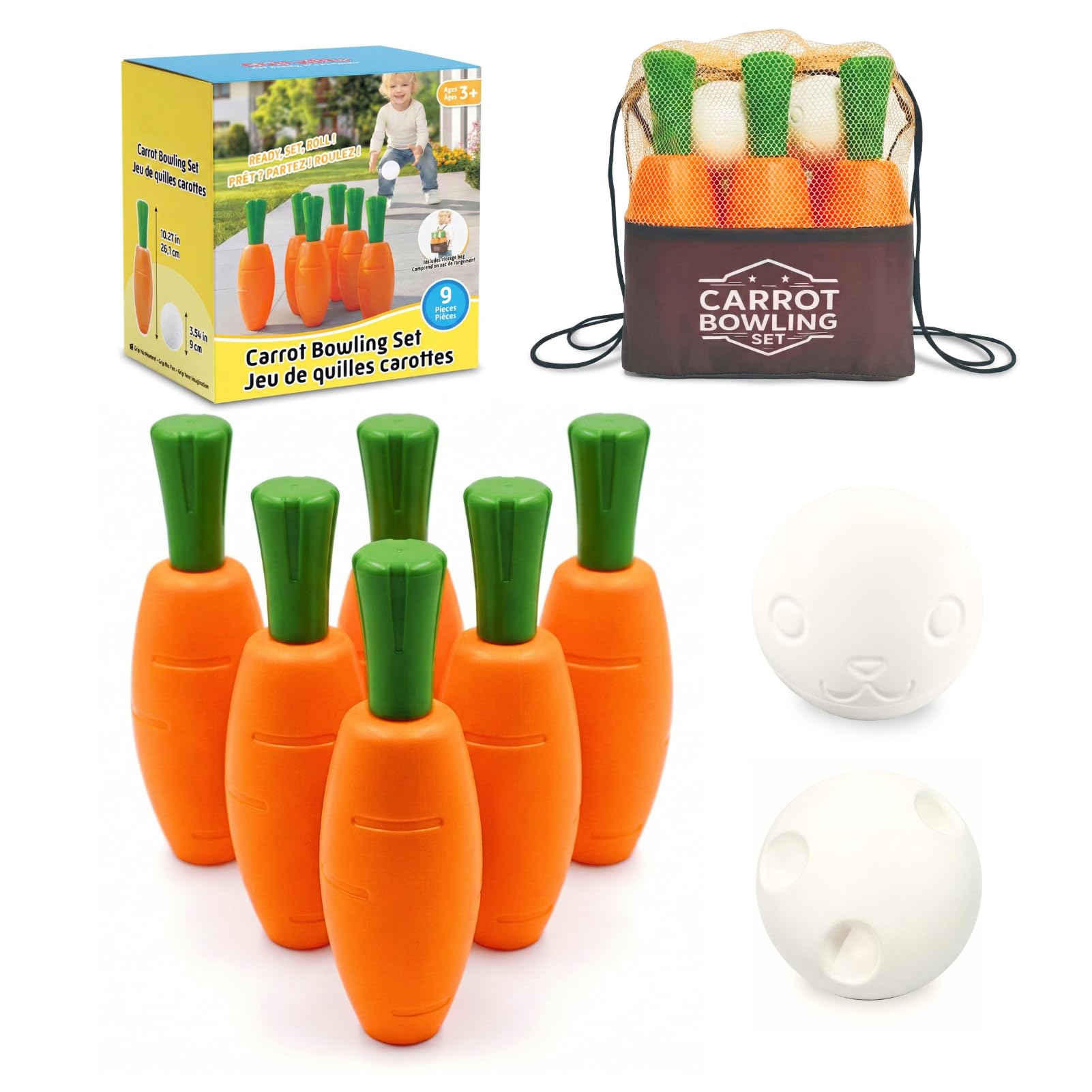 Carrot Bowling Set for Toddlers & Kids - 6 Pins, 2 Bunny Balls & Bag - Safe Indoor Active Play - Fun Summer Activity & Birthday 