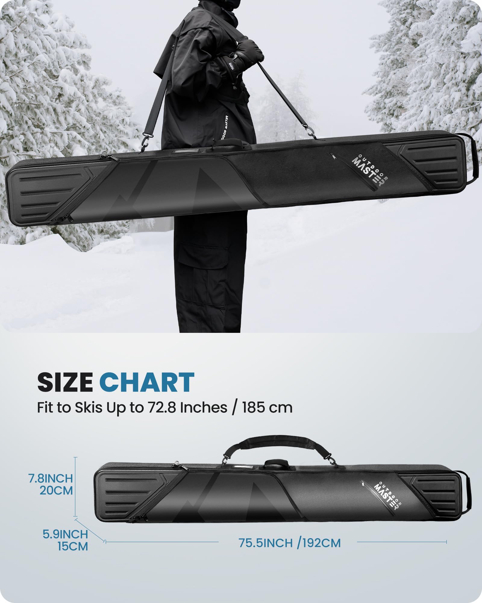 OutdoorMaster Ski Bag with Hard Shell On Both Ends, Ski Bags for Air Travel, Ski Case with Pockets and Removable Shoulder Straps
