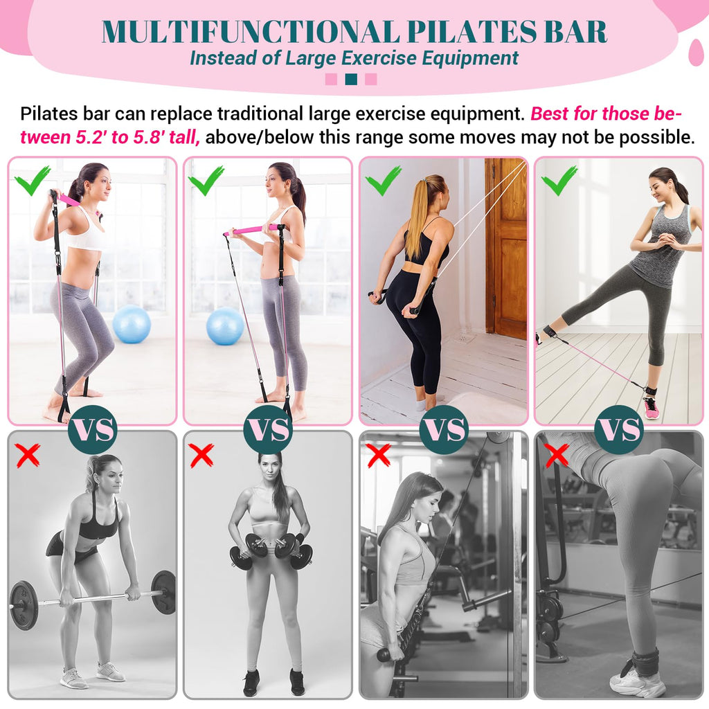Pilates Bar Kit With Resistance Bands, Multifunctional Yoga Pilates Bar With Heavy-Duty Metal Adjustment Buckle, Portable Home G