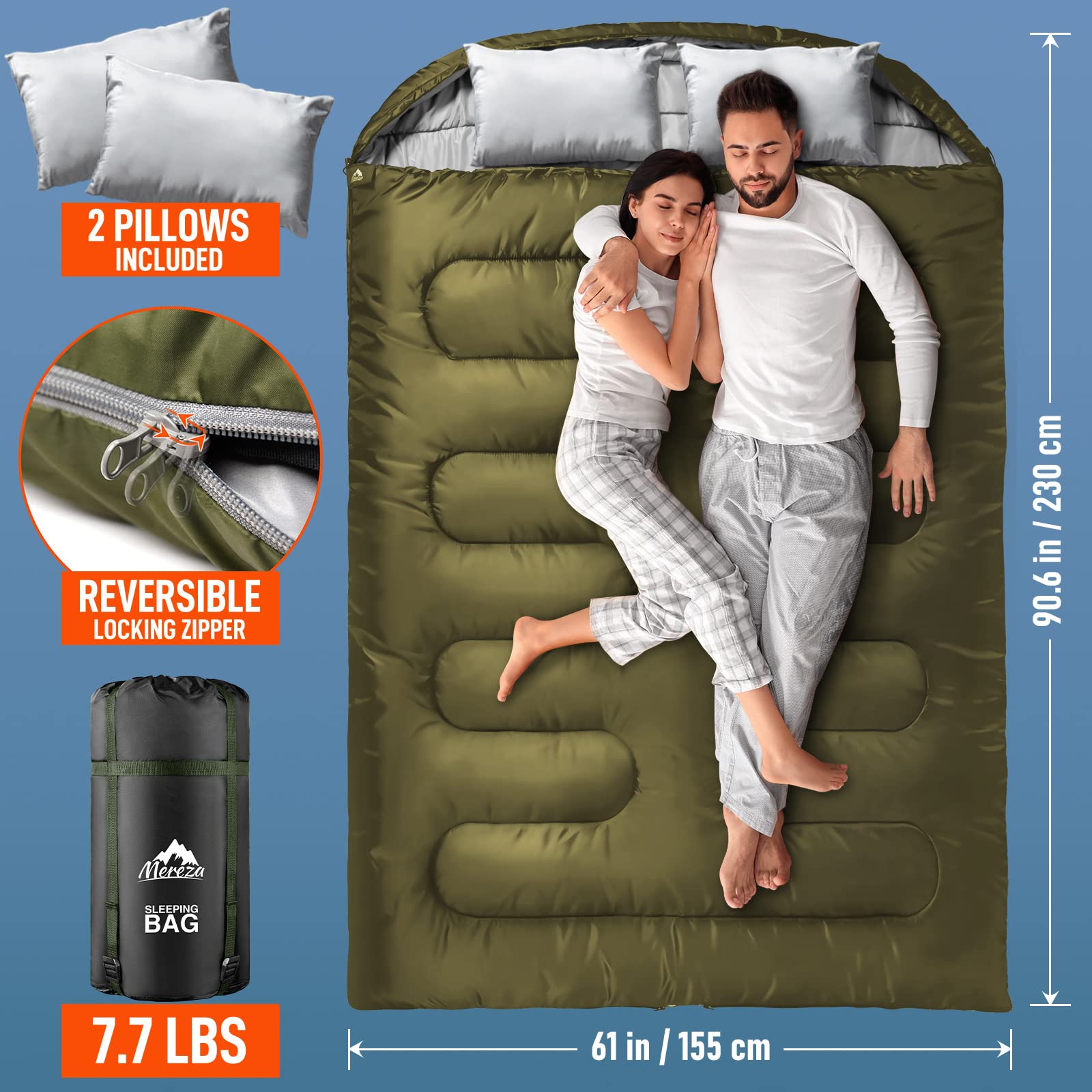 Mereza Double Sleeping Bag For Adults Mens With Pillow, Xl Queen Size For All Season Camping Hiking Backpacking 2/Two Person Sle