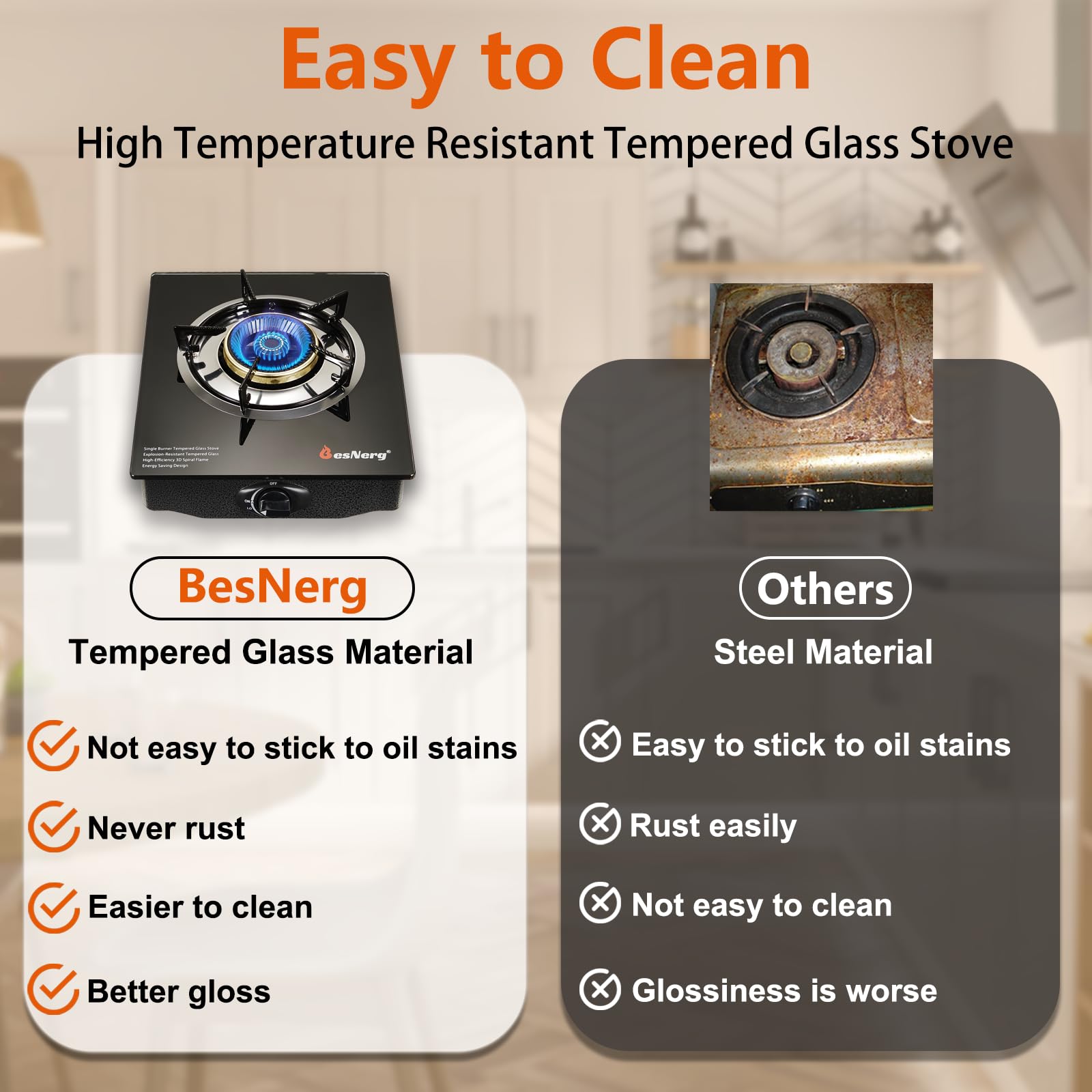 Besnerg Propane Stove 1 Burner Gas Stove, 14500 Btu High-Efficiency Auto Ignition Tempered Glass Lpg Cooktop With Csa Regulator