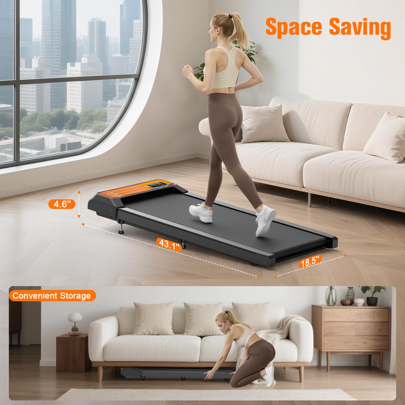 HOELLL Walking Treadmill Pad with 5% Adjustable Incline and APP Sync, Small Compact Under Desk Treadmills for Home and Office wi