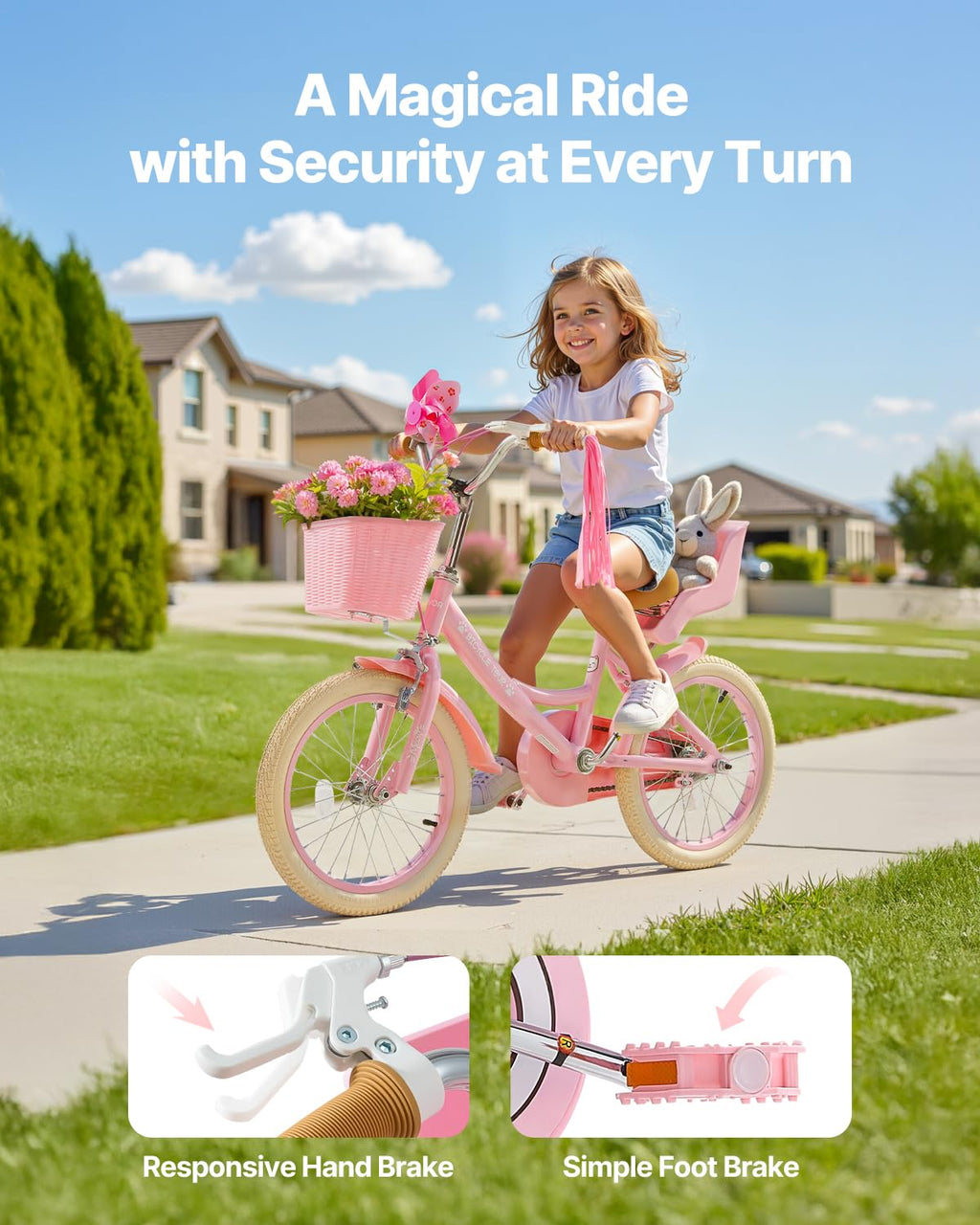 Vevor Kids Bike, 16 Inches Princess Style Children Bicycle With Streamers & Basket, Rider Height 3.28 Ft - 4.27 Ft, Doll Seat &