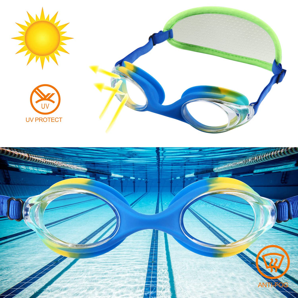 Ruigao Kids Swim Goggles Age 2-6, Toddler Goggles No Hair Pull,Child Goggles Padded Headband (1Pk Jr - Green Dino)