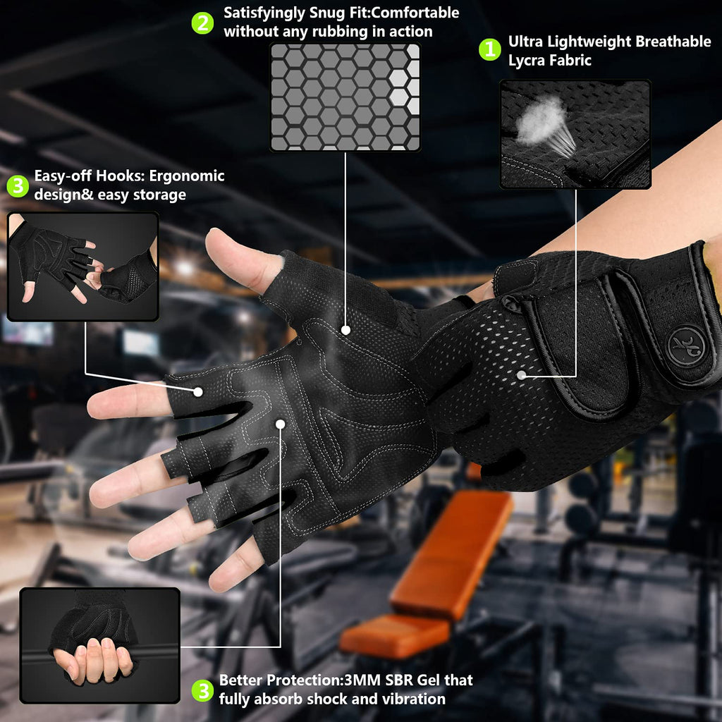 Moreok Workout Gloves Padded Weight Lifting Gloves For Men/Women, [3Mm Gel] Fingerless Grip Gym Gloves Fitness Gloves Black-L