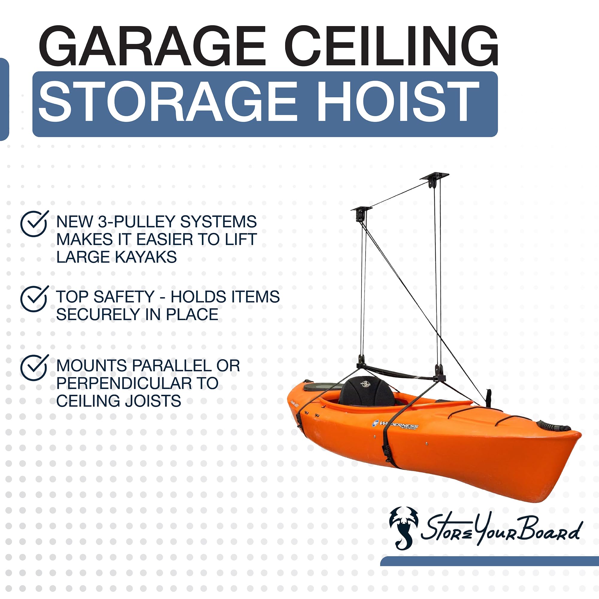Storeyourboard Kayak And Canoe Ceiling Pulley System, Garage Mount Storage Hoist, Heavy Duty Holds 150 Lbs, Indoor Hanging Organ