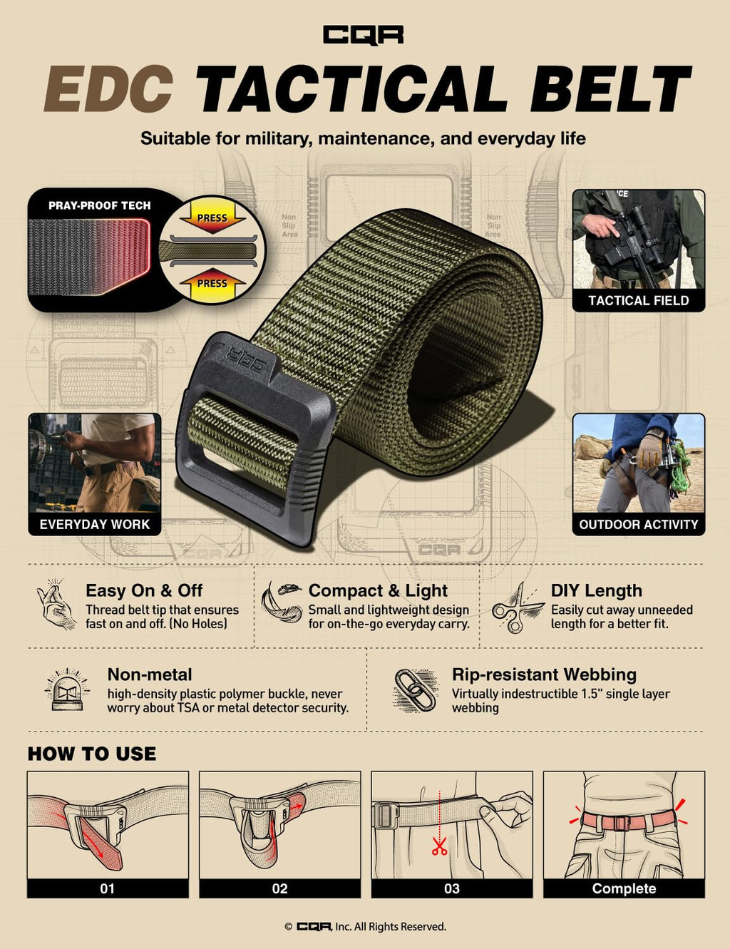 Cqr Tactical Belt, Military Style Heavy Duty Belt, Webbing Edc Quick-Release Buckle, Plastic Flip Tab Green, Xx-Large