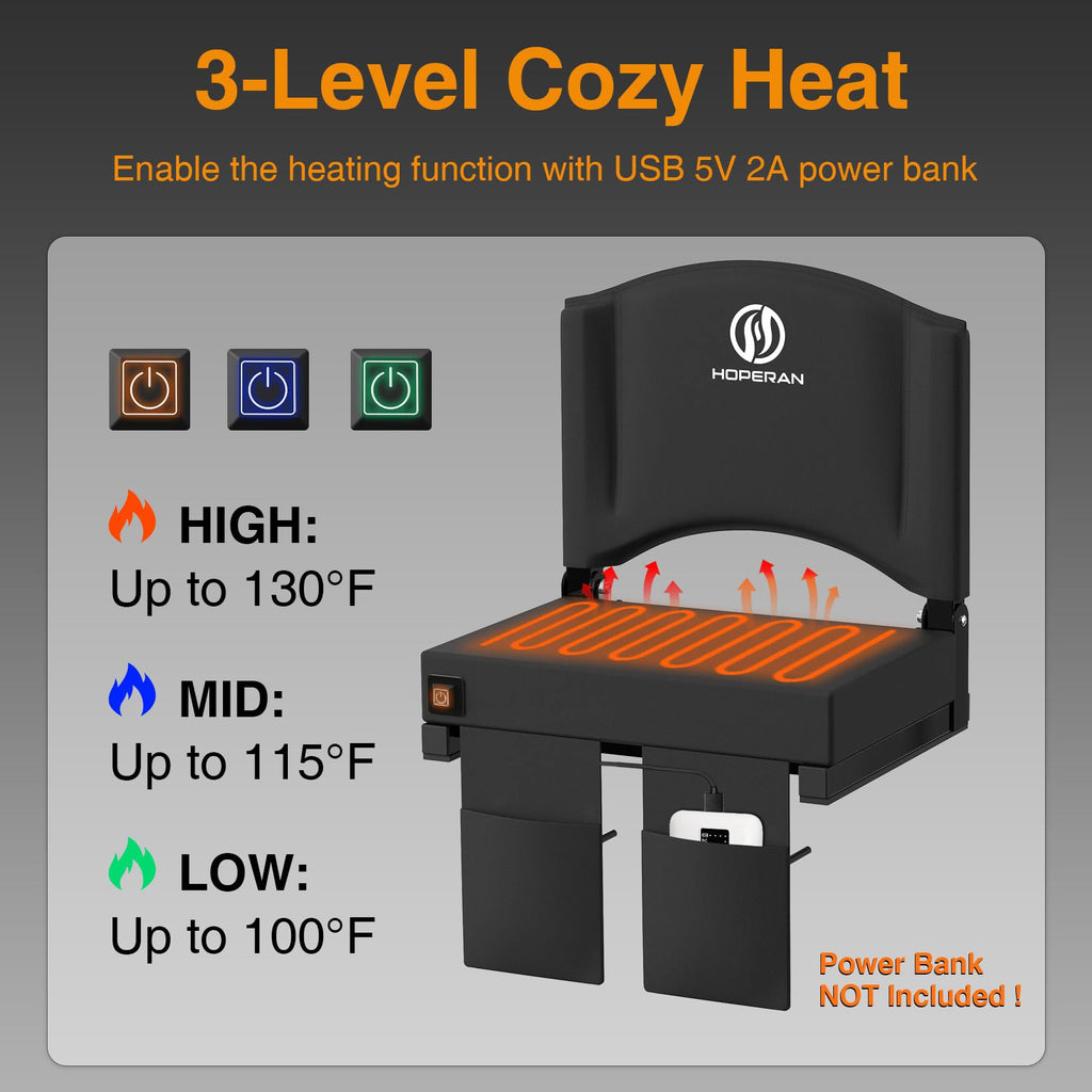 HOPERAN Heated Stadium Seats for Bleachers with Back Support, 3 Levels Heating Bleacher Chairs with Back and Cushion, Folding Bl
