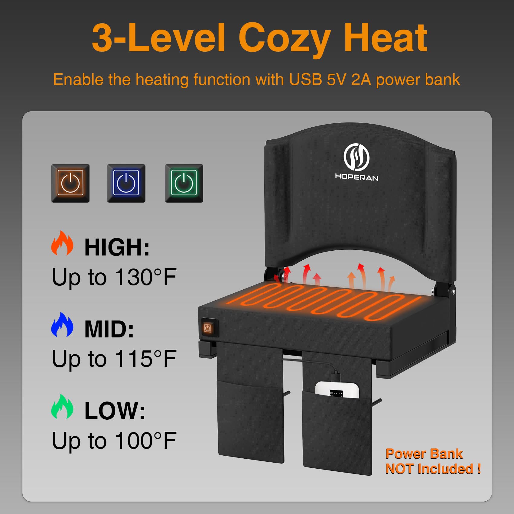 HOPERAN Heated Stadium Seats for Bleachers with Back Support, 3 Levels Heating Bleacher Chairs with Back and Cushion, Folding Bl